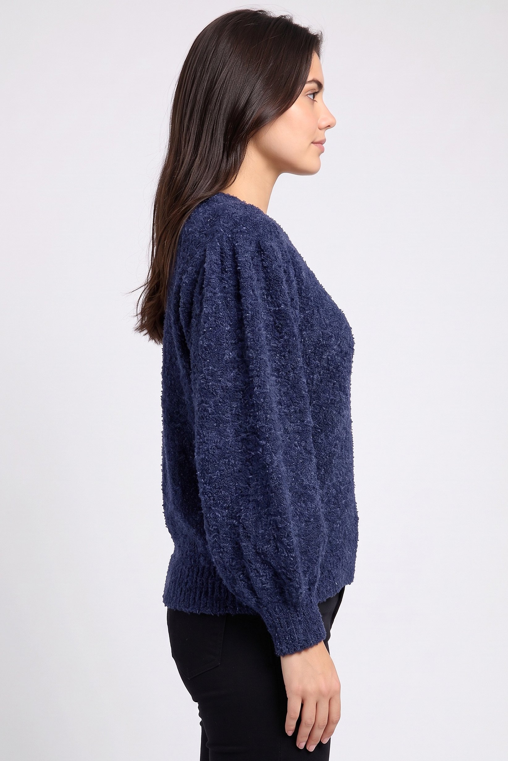 Women Crew Neck Textured Sweater, Navy Blue