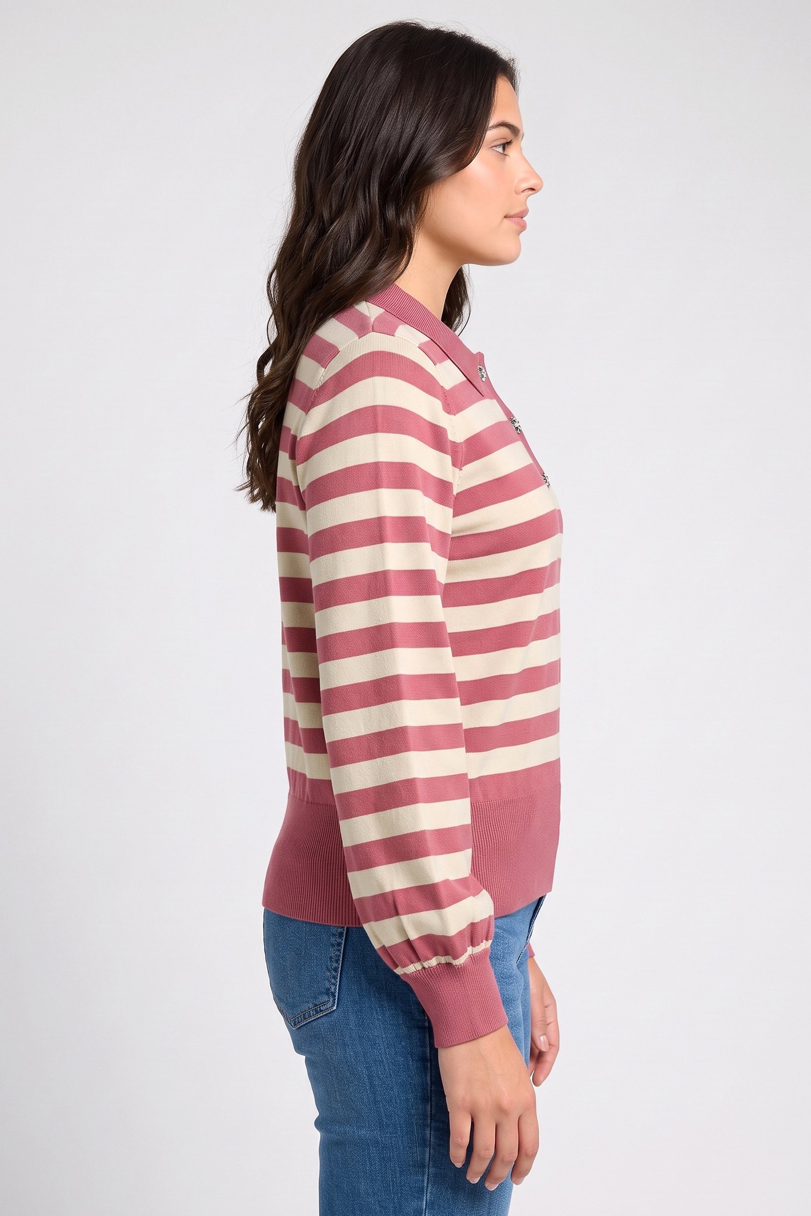 Women Spread Collar Stripe Sweater, Multicolor