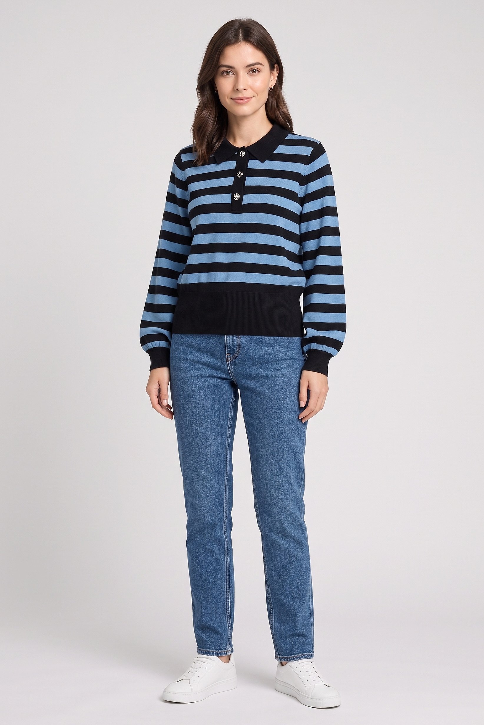 Women Spread Collar Stripe Sweater, Multicolor
