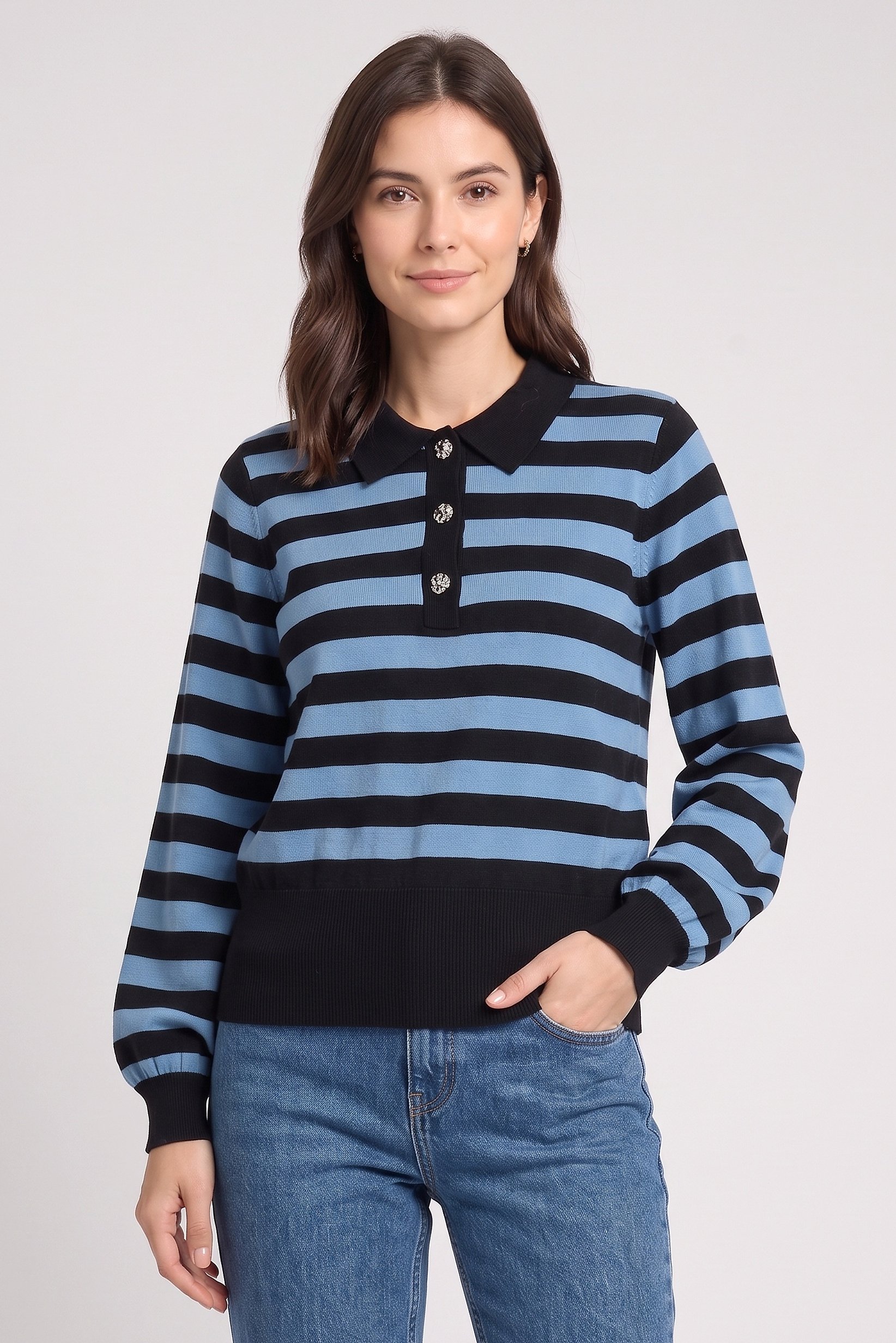 Women Spread Collar Stripe Sweater, Multicolor