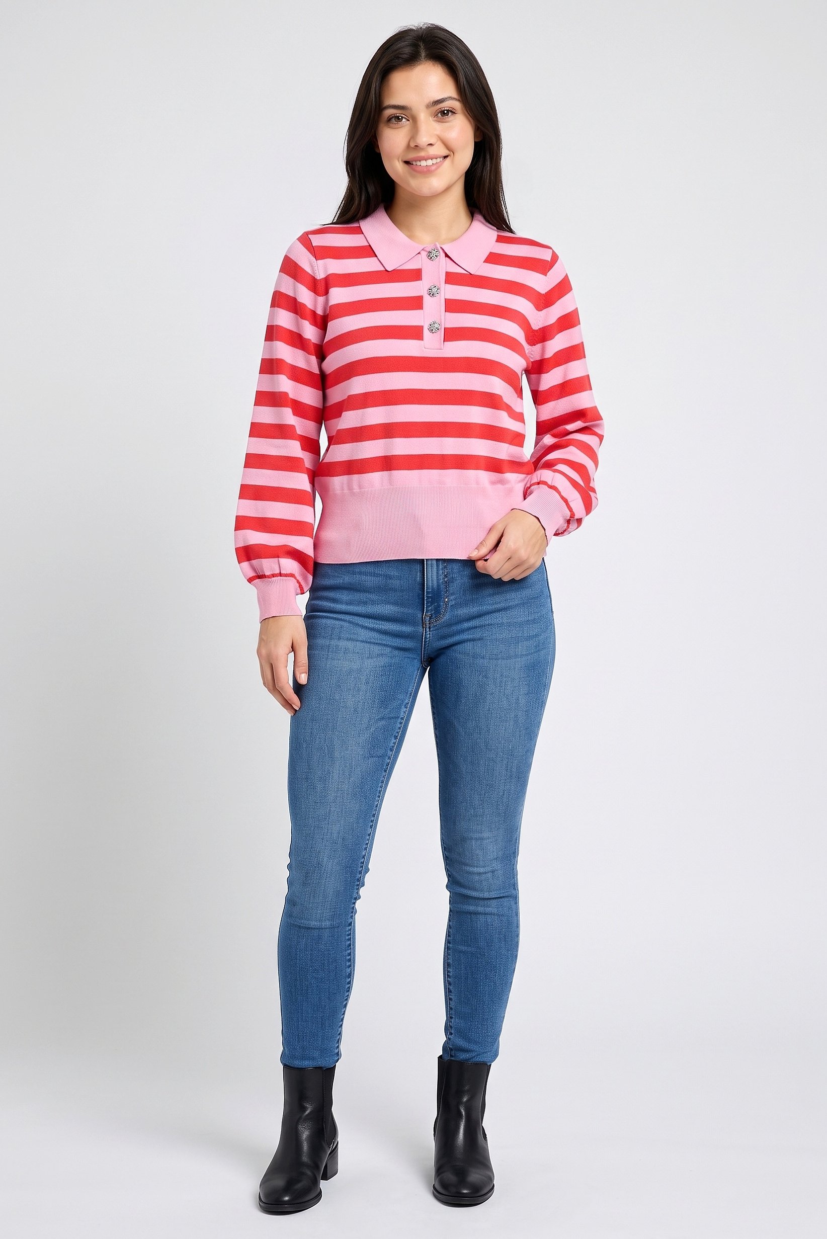 Women Spread Collar Stripe Sweater, Multicolor