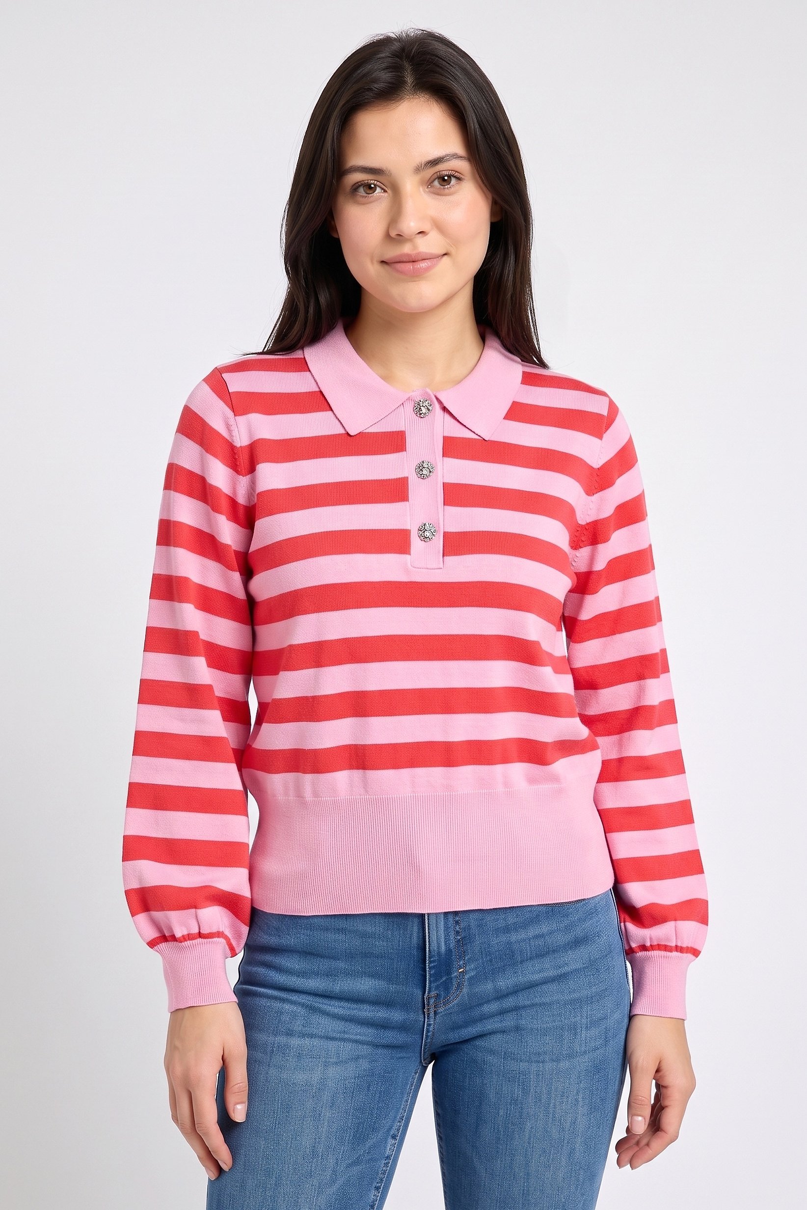 Women Spread Collar Stripe Sweater, Multicolor