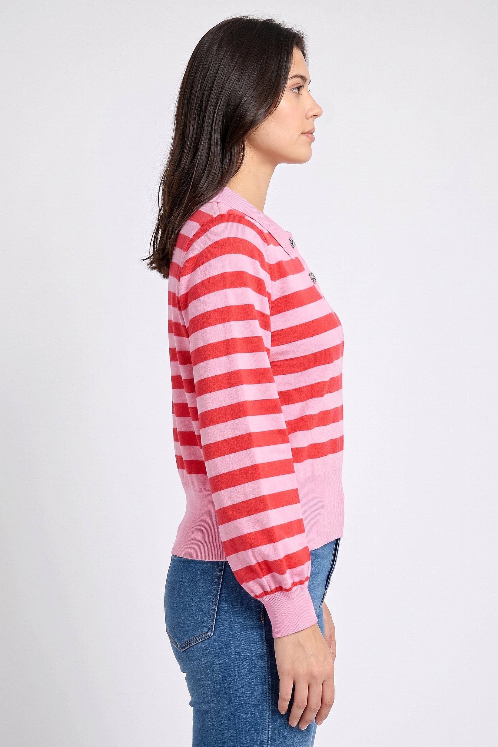 Women Spread Collar Stripe Sweater, Multicolor