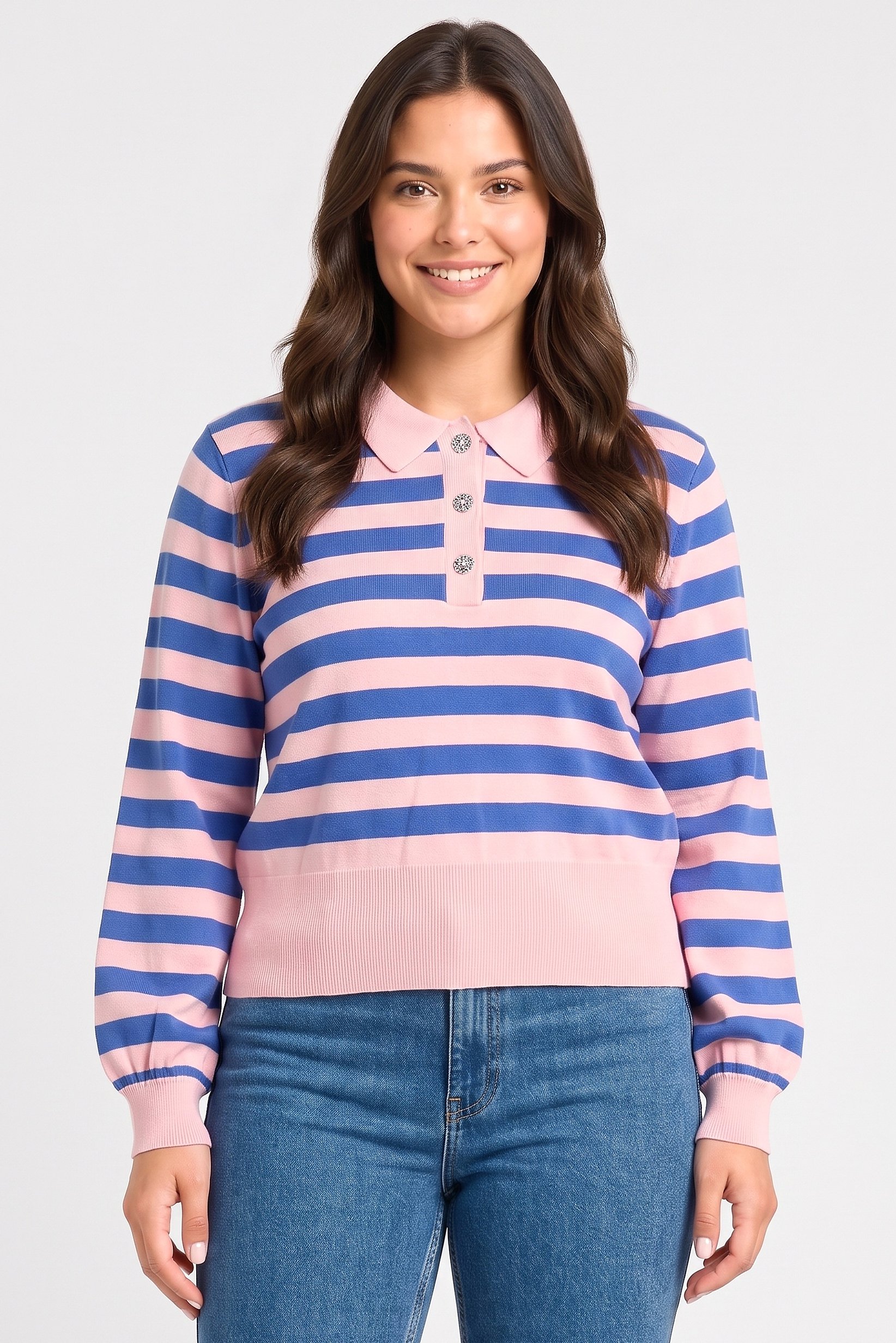 Women Spread Collar Stripe Sweater, Multicolor