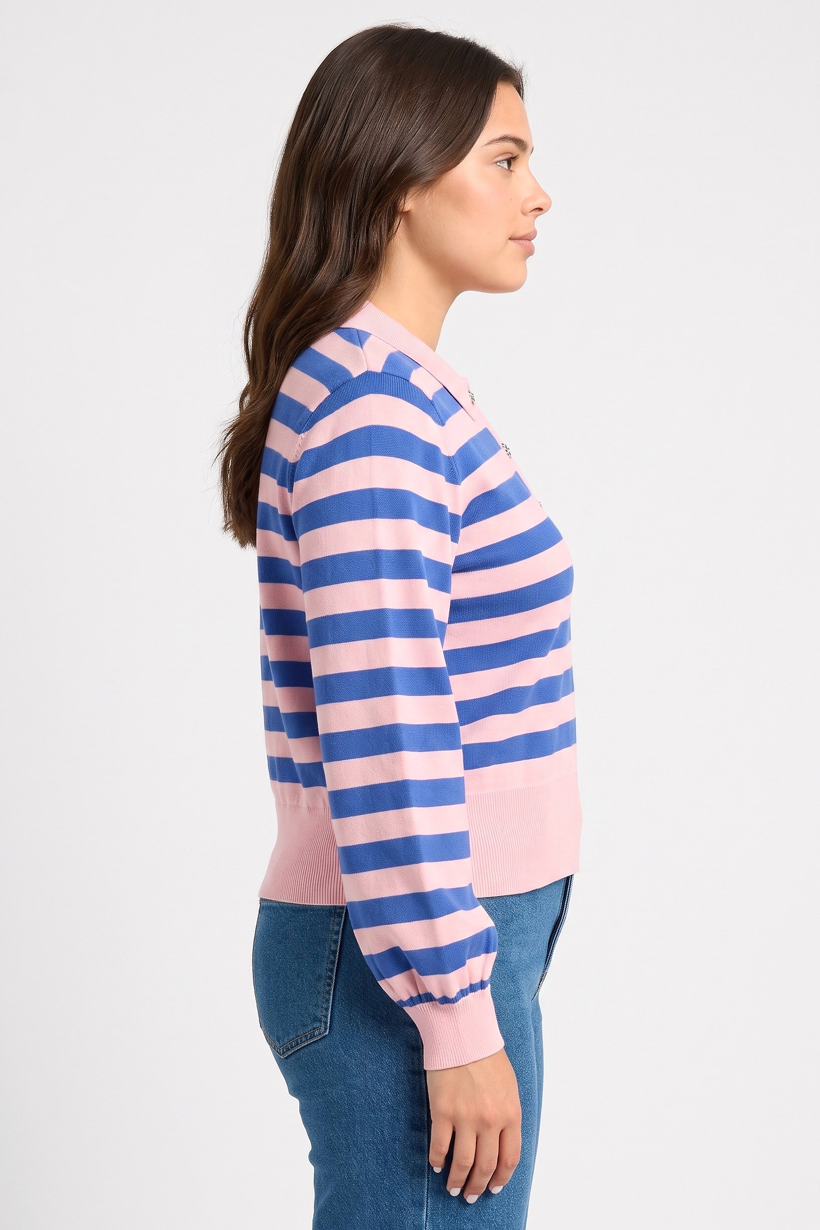 Women Spread Collar Stripe Sweater, Multicolor
