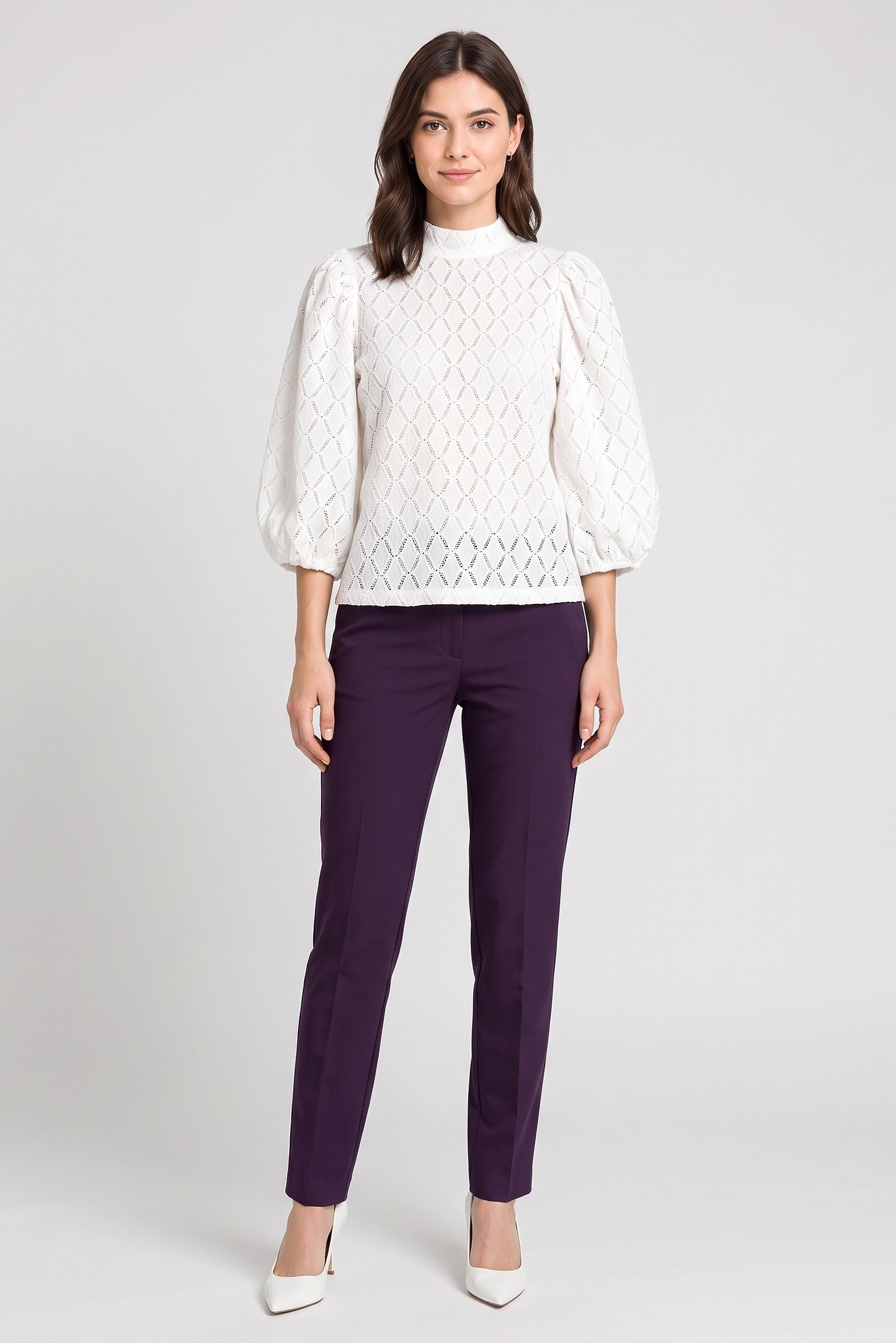 Women Mock Neck Balloon Sleeve Eyelet Blouse, White