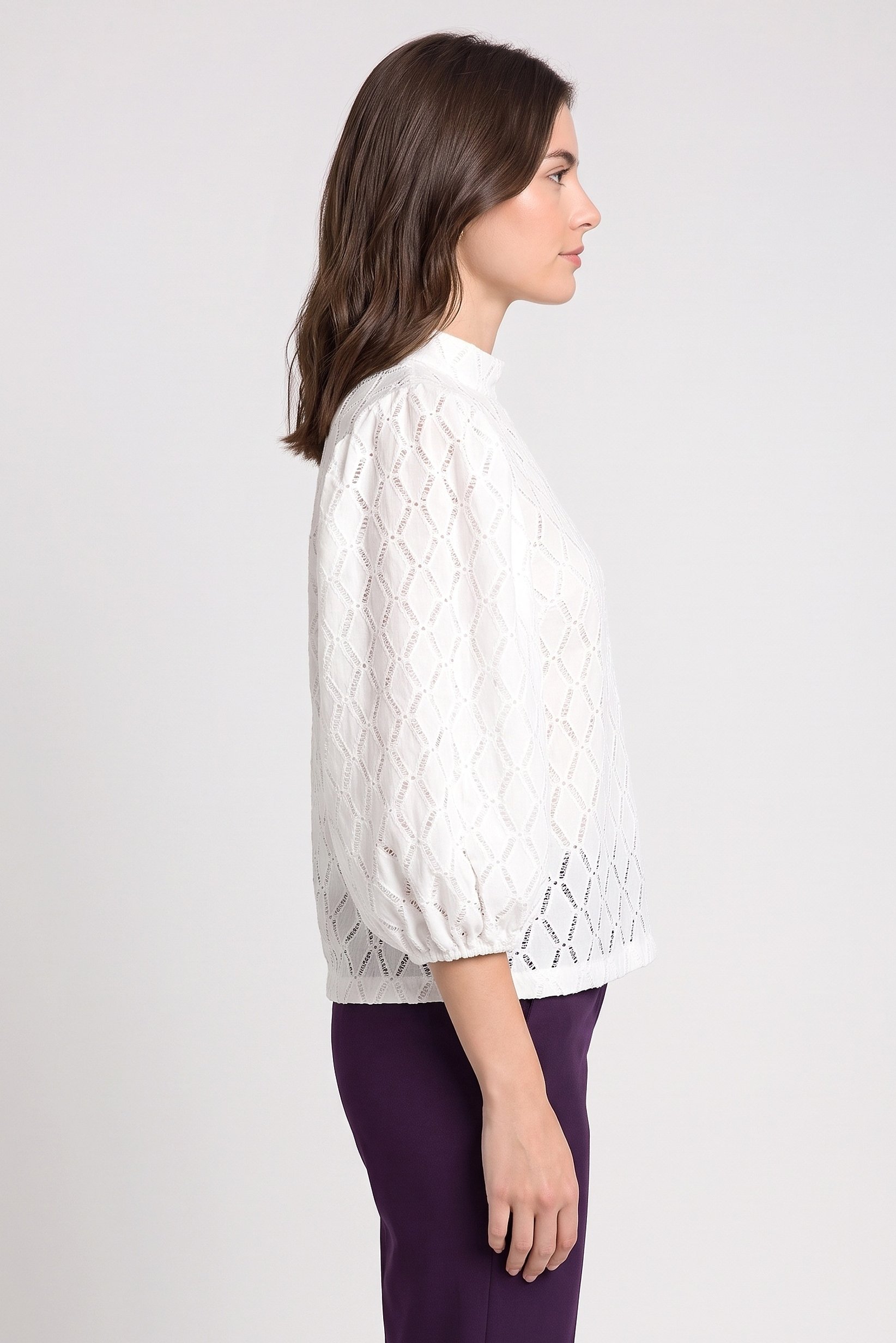 Women Mock Neck Balloon Sleeve Eyelet Blouse, White
