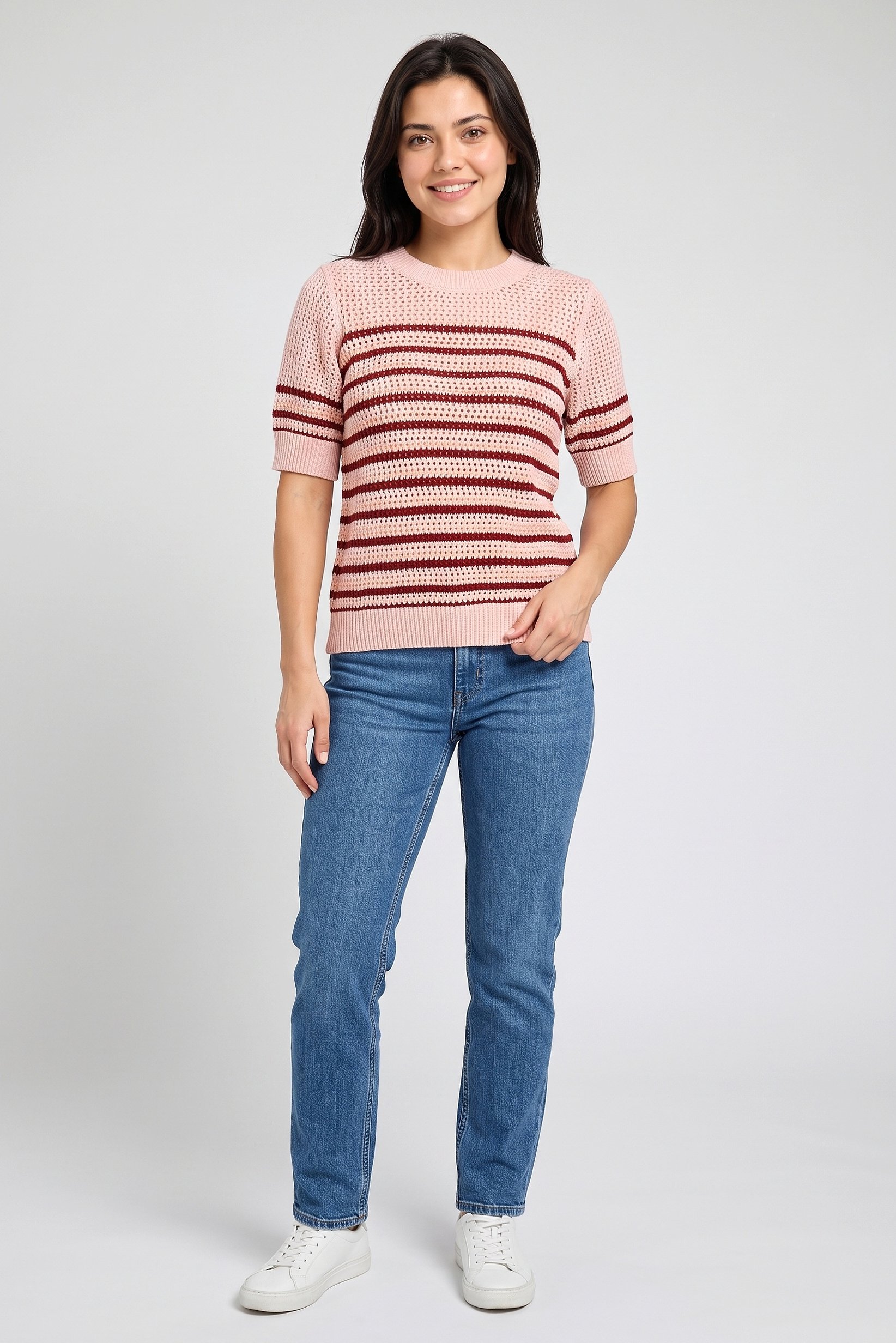 Women Crew Neck Eyelet Sweater, Multicolor