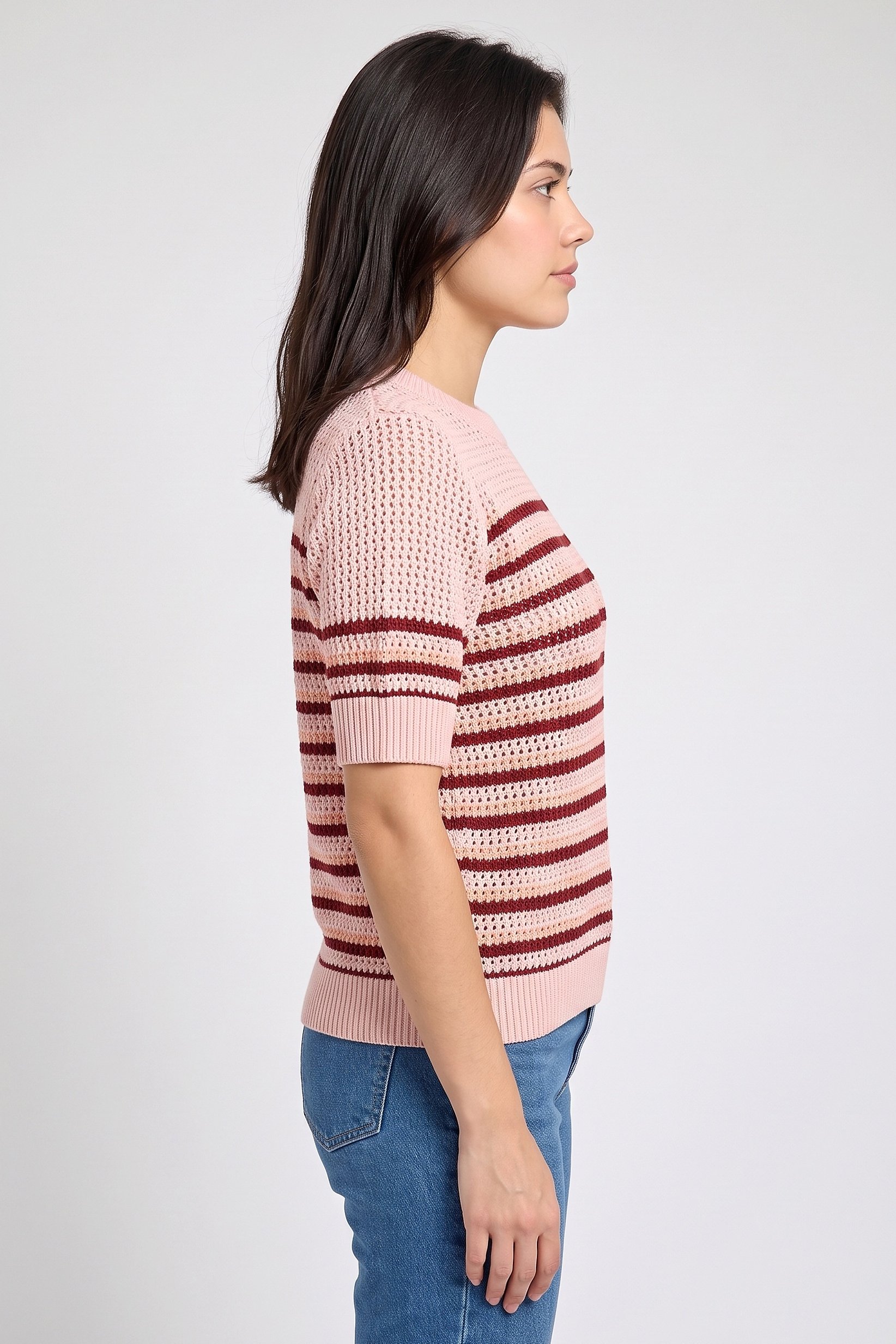 Women Crew Neck Eyelet Sweater, Multicolor