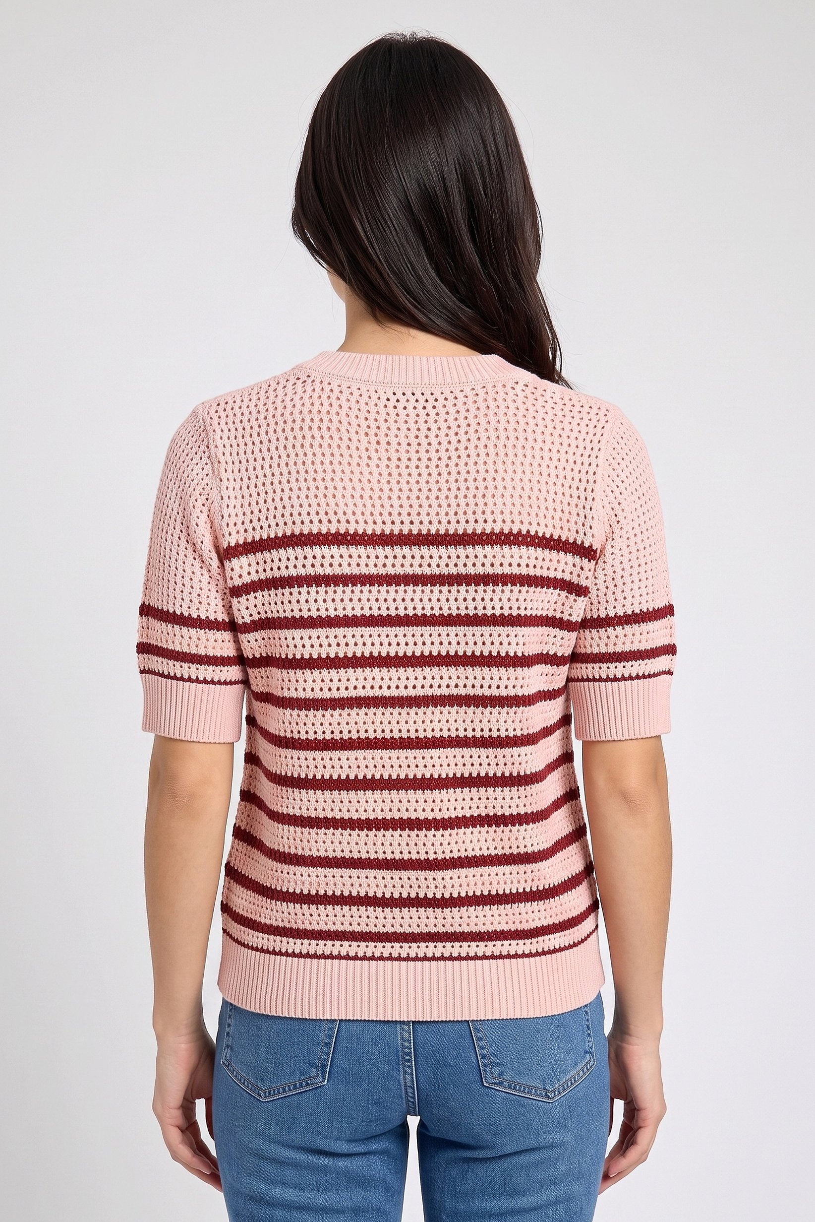 Women Crew Neck Eyelet Sweater, Multicolor