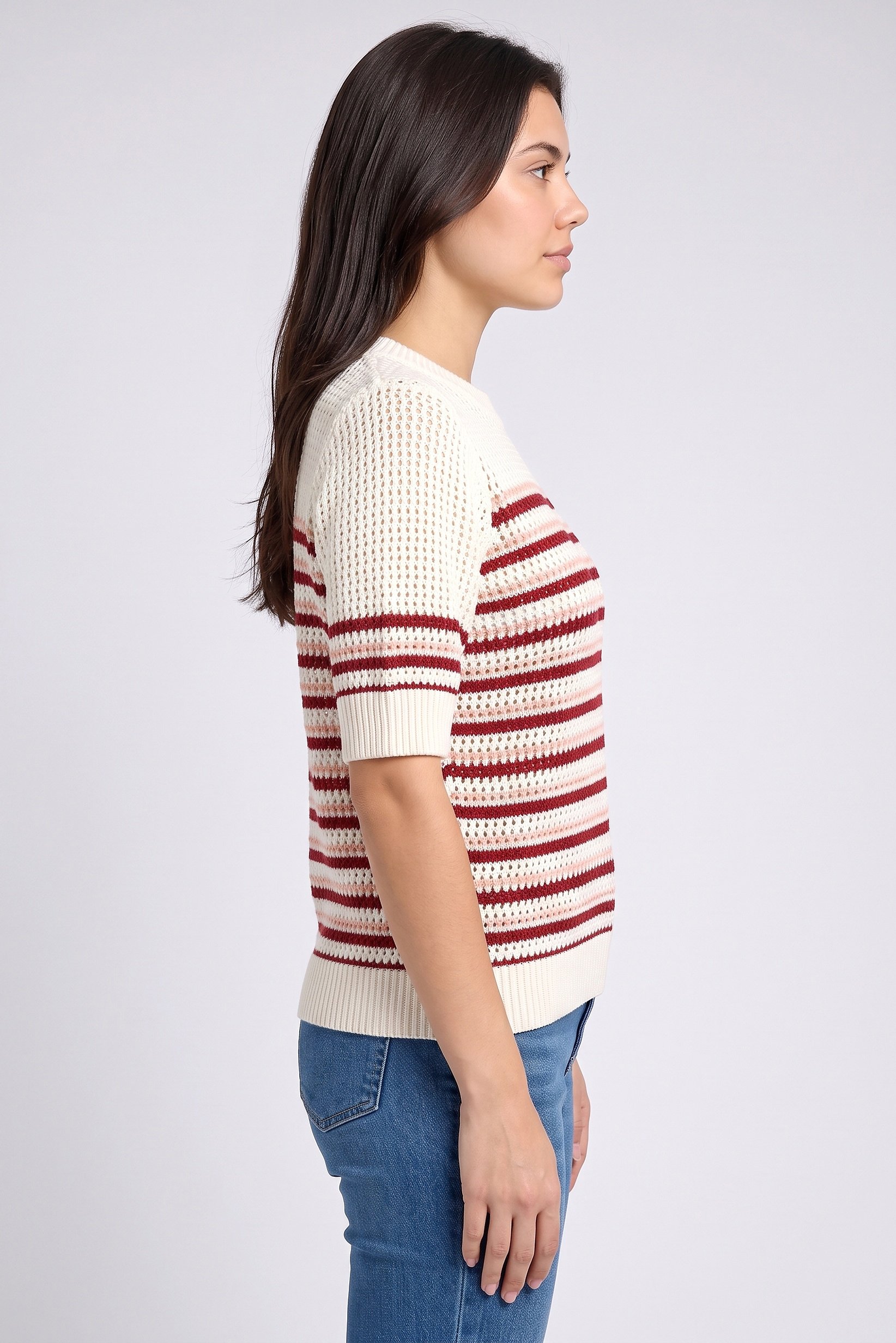 Women Crew Neck Short Sleeve Eyelet T-Shirt, Multicolor