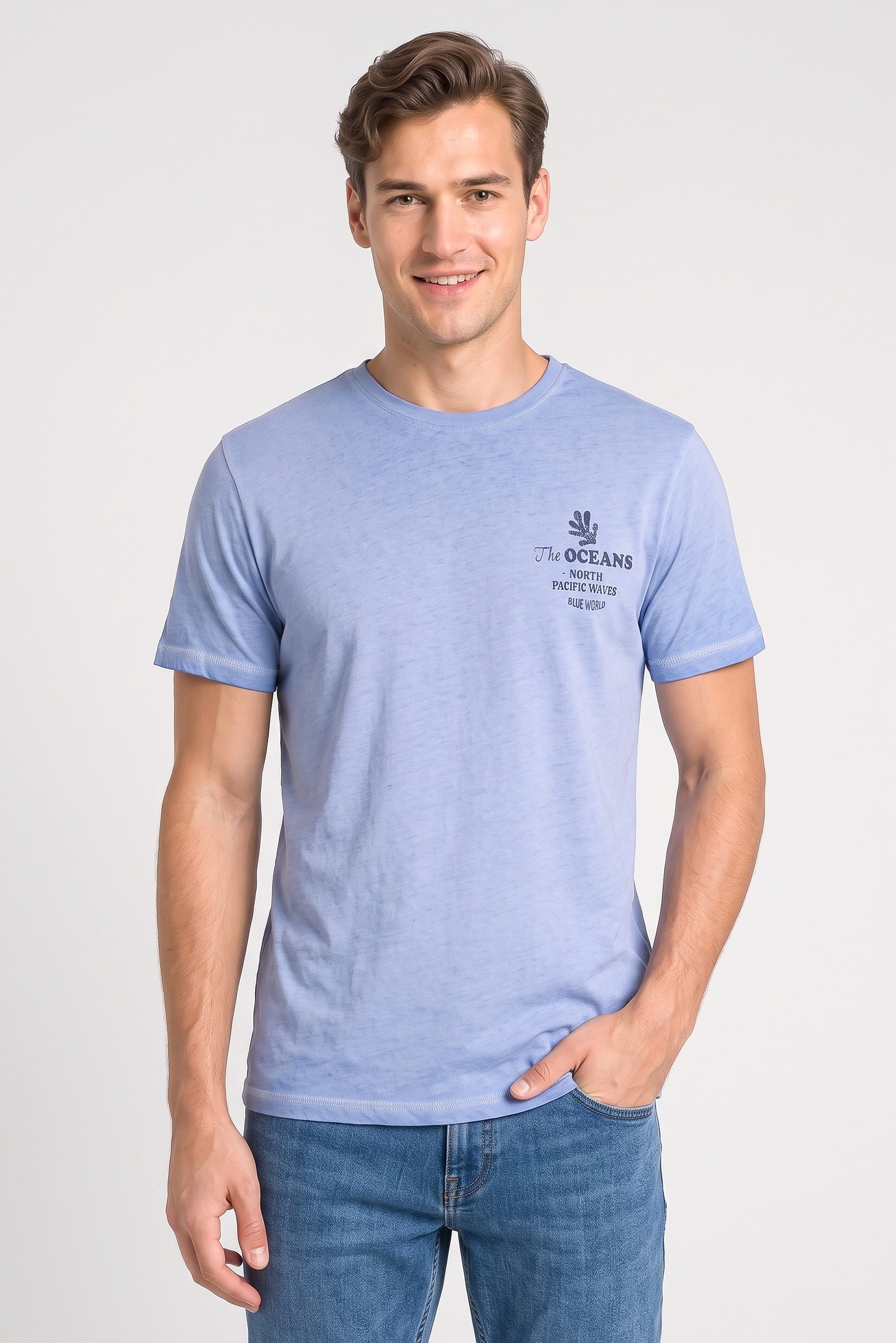 Men Crew Neck Short Sleeve Graphic Print T-Shirt, Blue