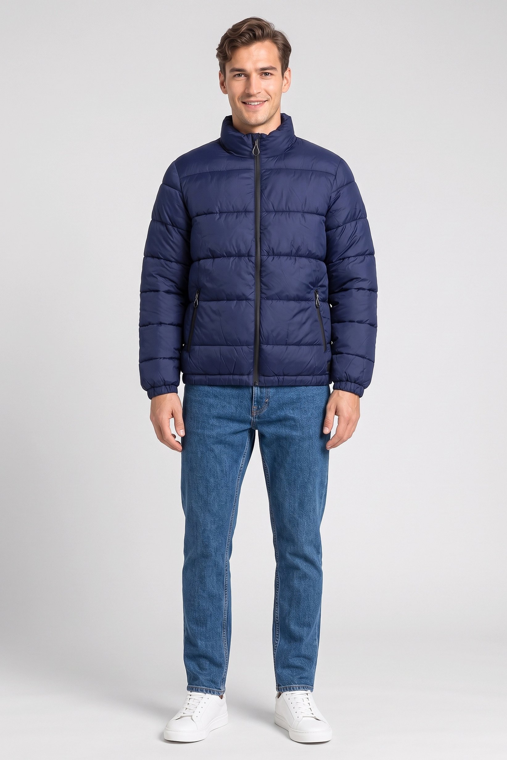Men Quilted Puffer Jacket, Navy Blue