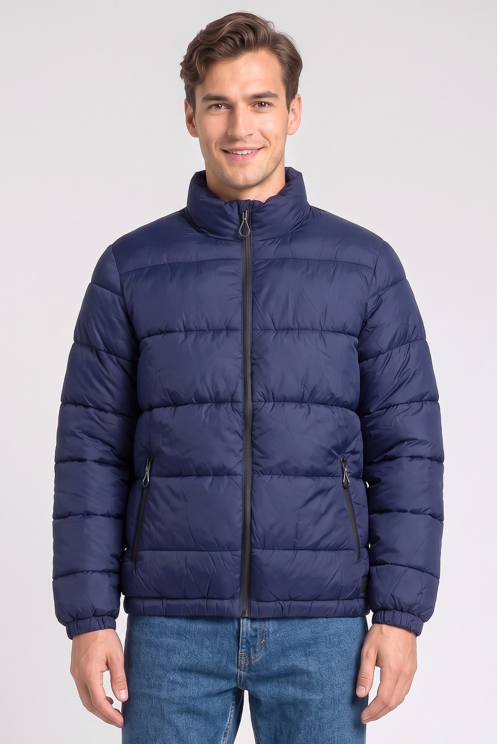 Men Quilted Puffer Jacket, Navy Blue