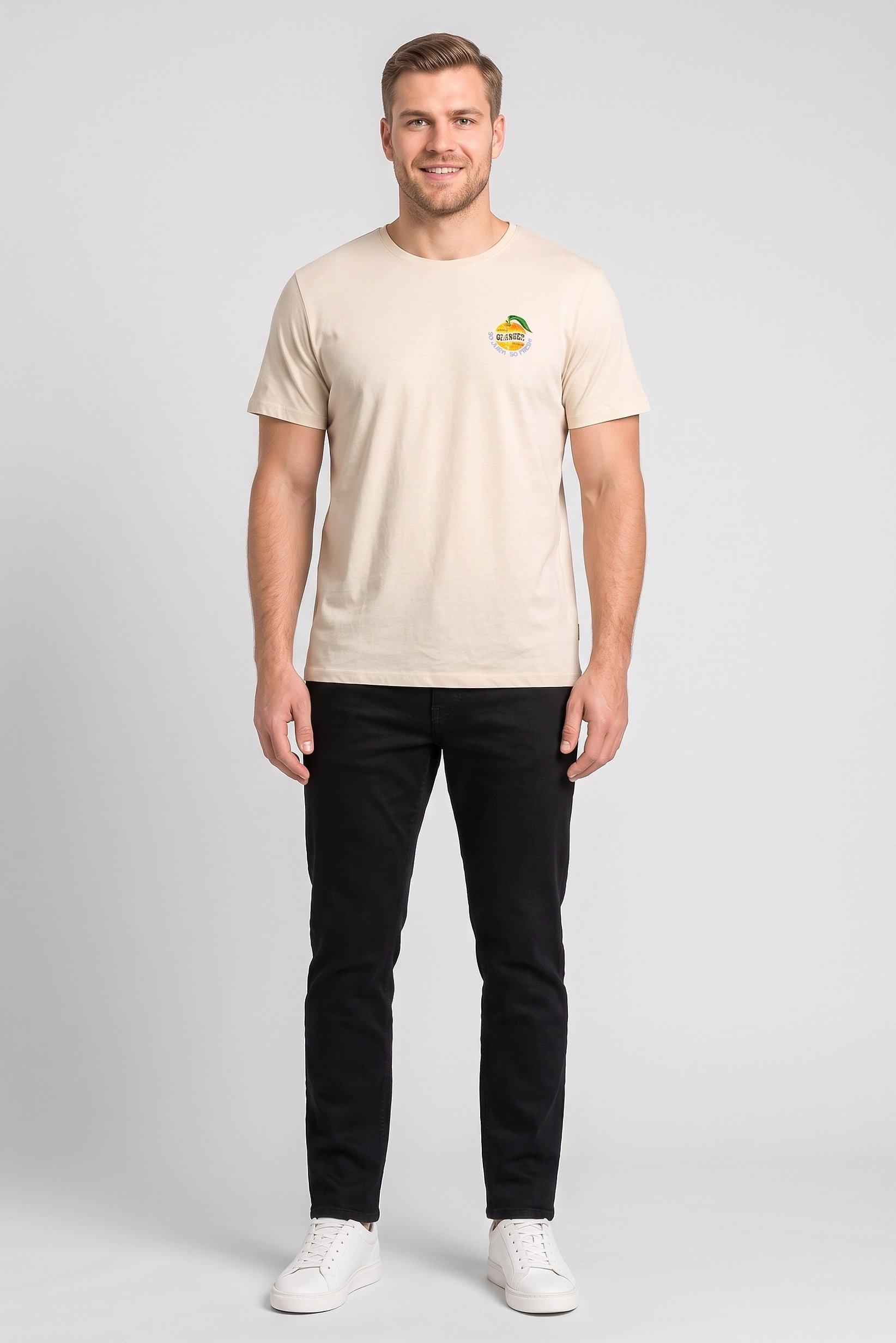 Men Crew Neck Short Sleeve Graphic Print  T-Shirt, Beige