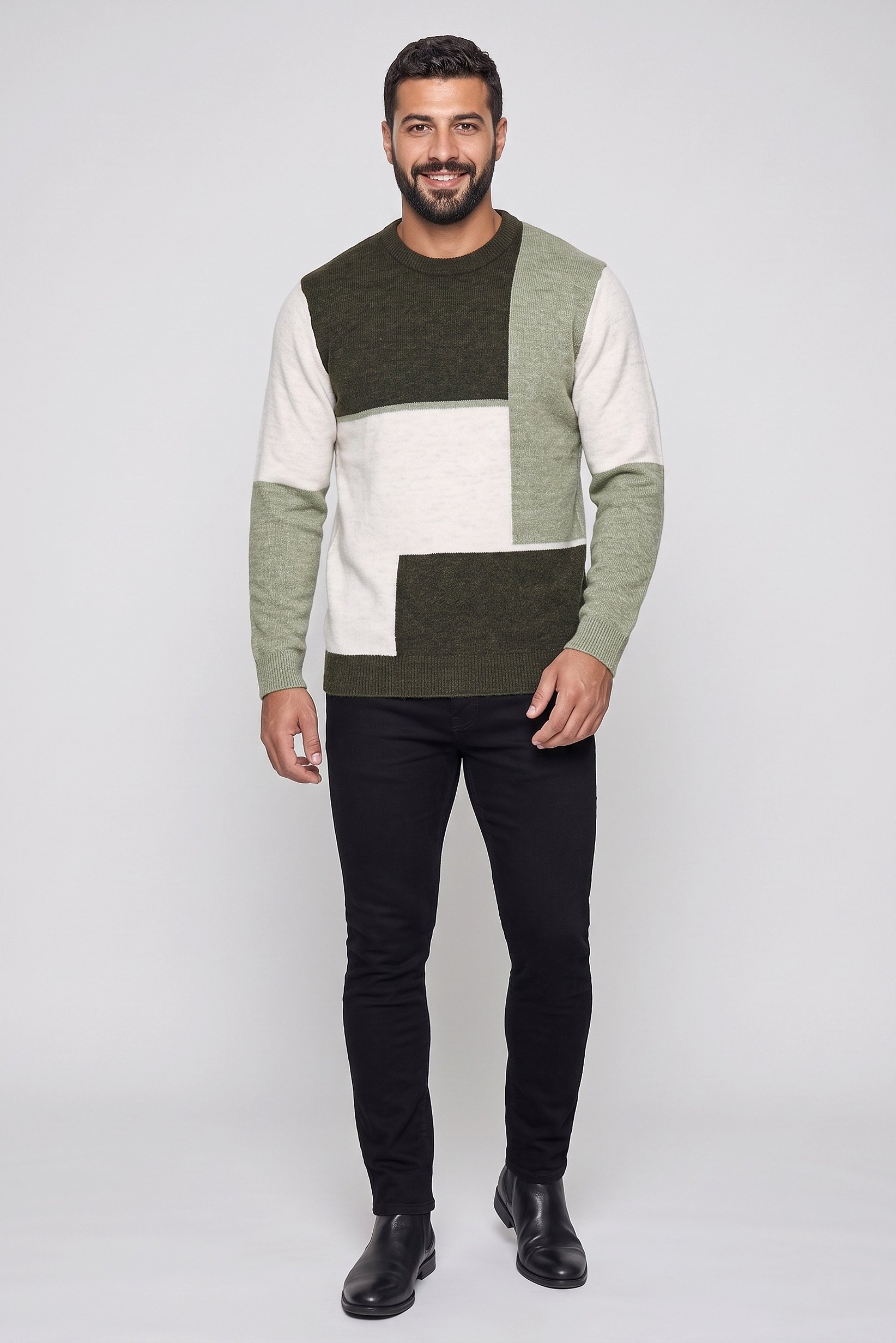 Men Crew Neck Colorblock Sweater, Multicolor