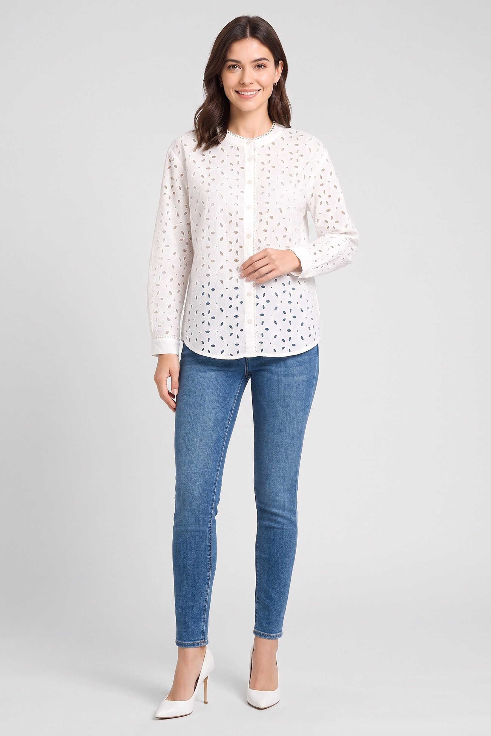 Women Crew Neck Eyelet Long Sleeve Shirt, Off-White