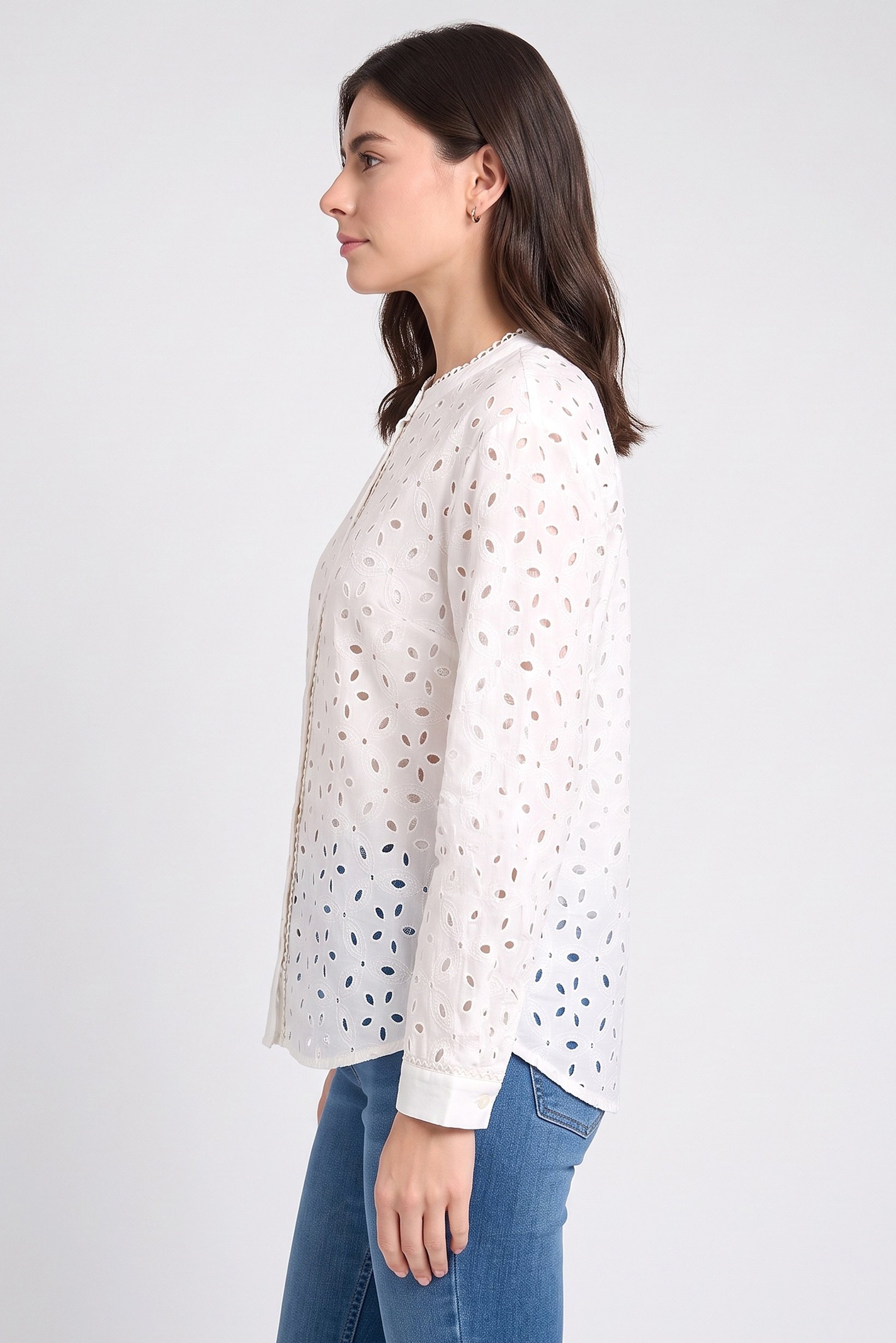 Women Crew Neck Eyelet Long Sleeve Shirt, Off-White