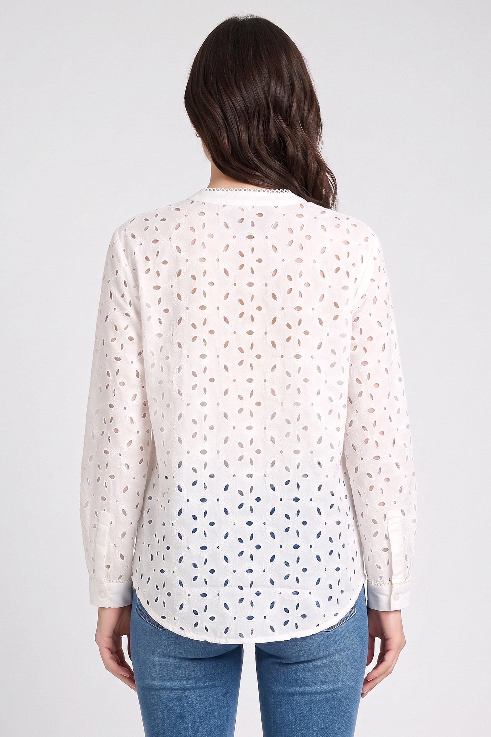Women Crew Neck Eyelet Long Sleeve Shirt, Off-White