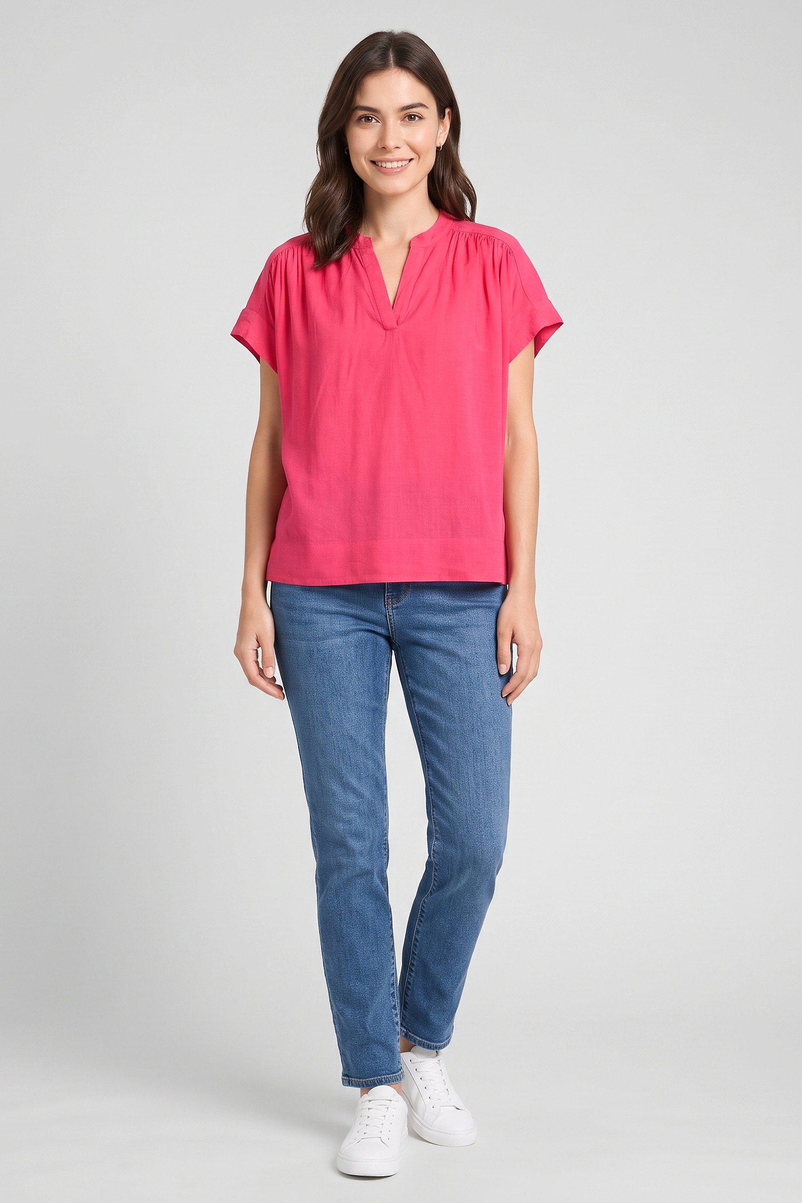 Women Split Neck Plain Cap Sleeve Top, Dark Pink