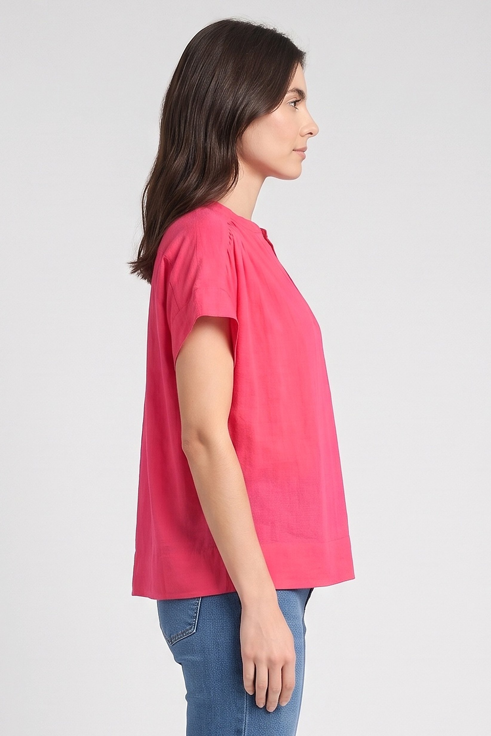 Women Split Neck Plain Cap Sleeve Top, Dark Pink
