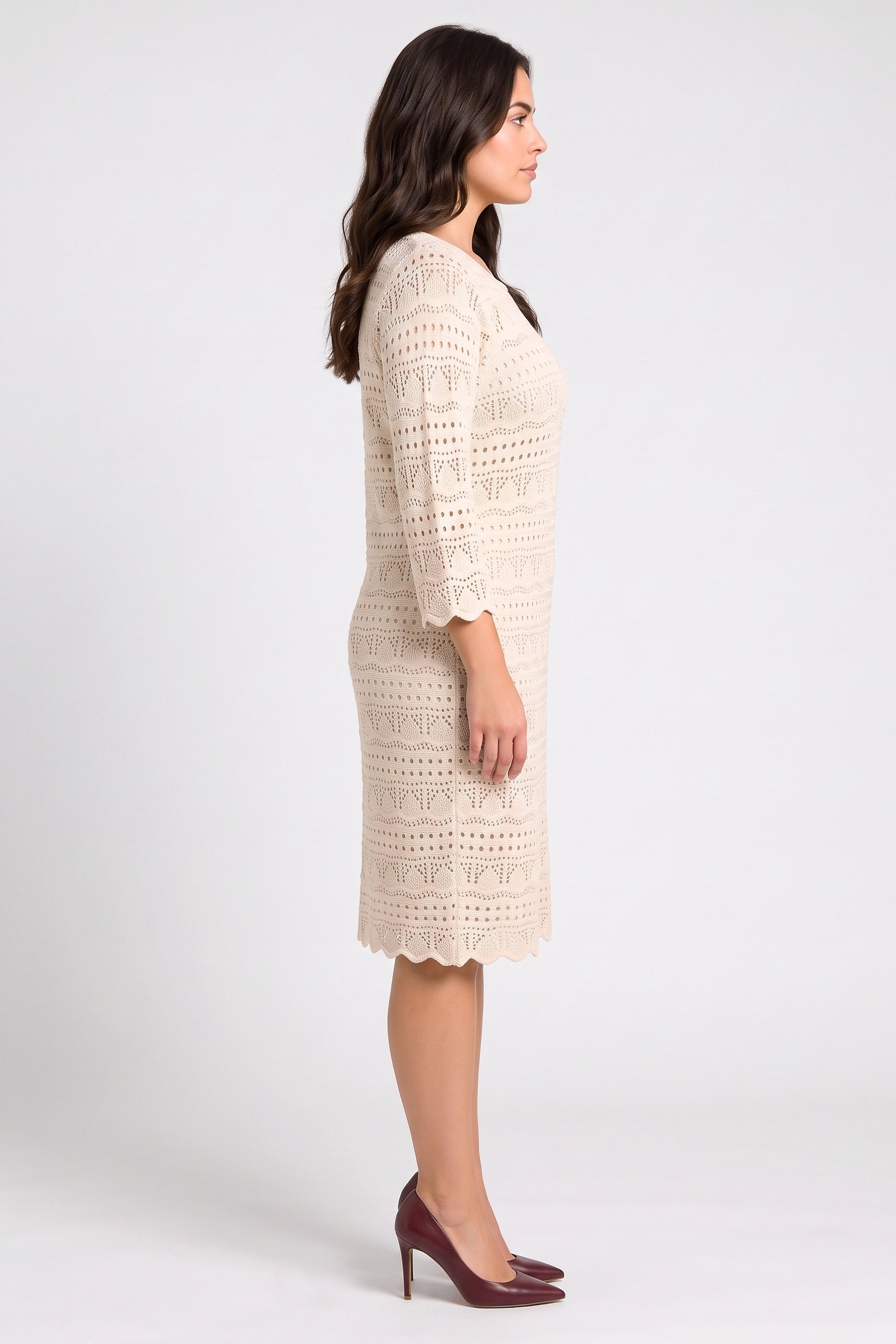 Women Eyelet Midi Dress, Beige