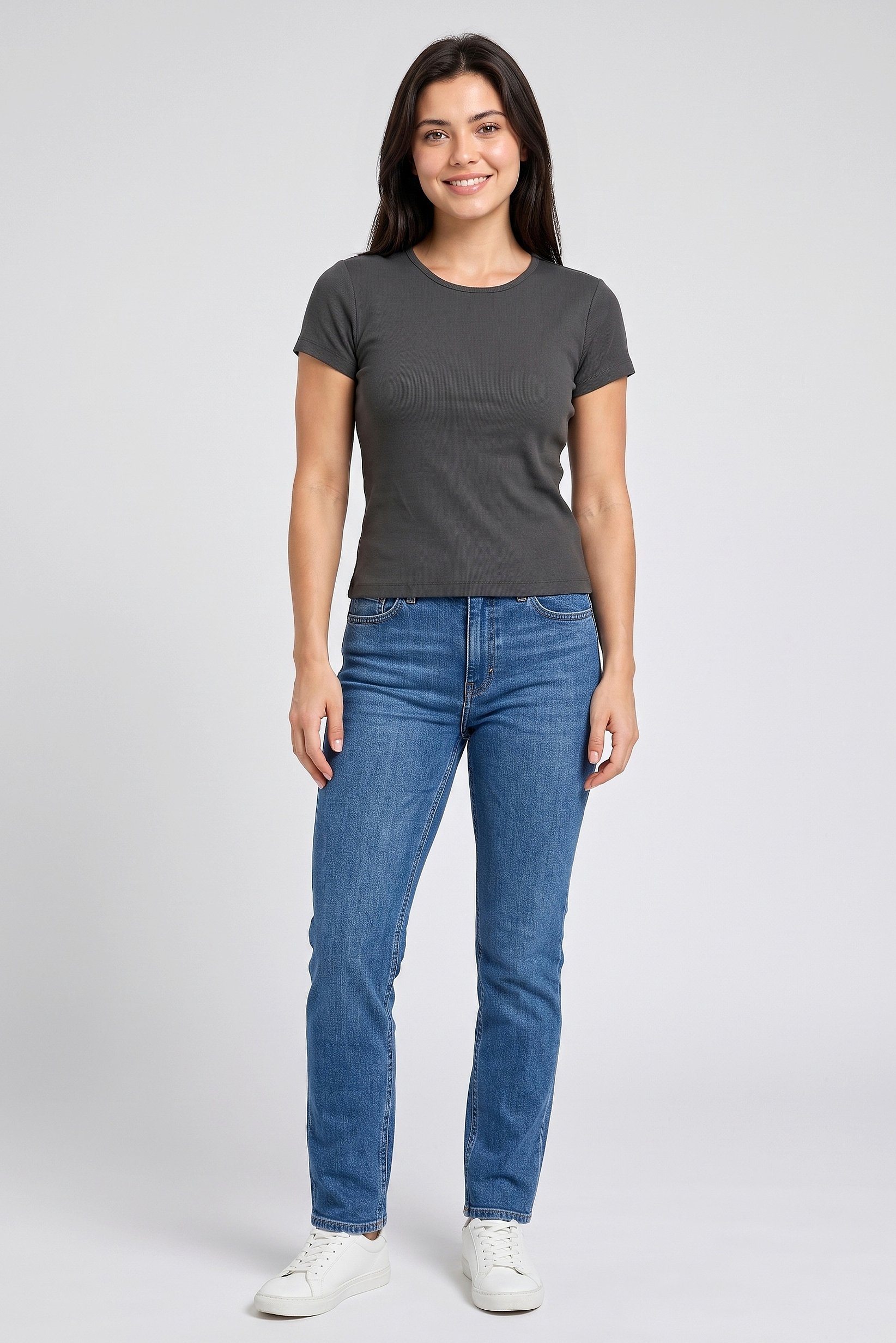Women Crew Neck Short Sleeve Textured Crop Top, Dark Grey