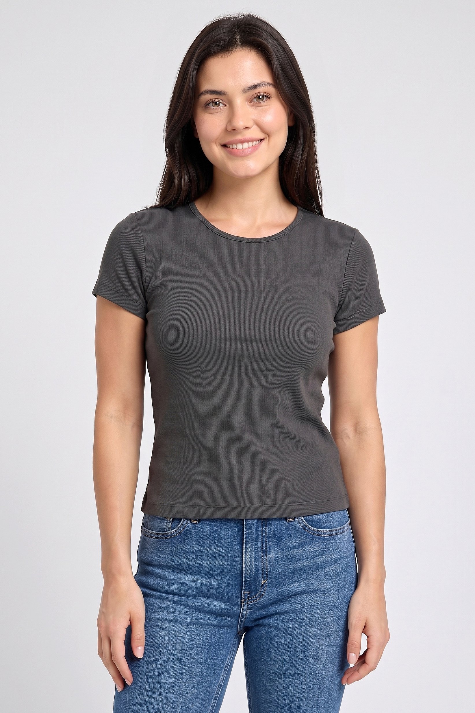 Women Crew Neck Short Sleeve Textured Crop Top, Dark Grey