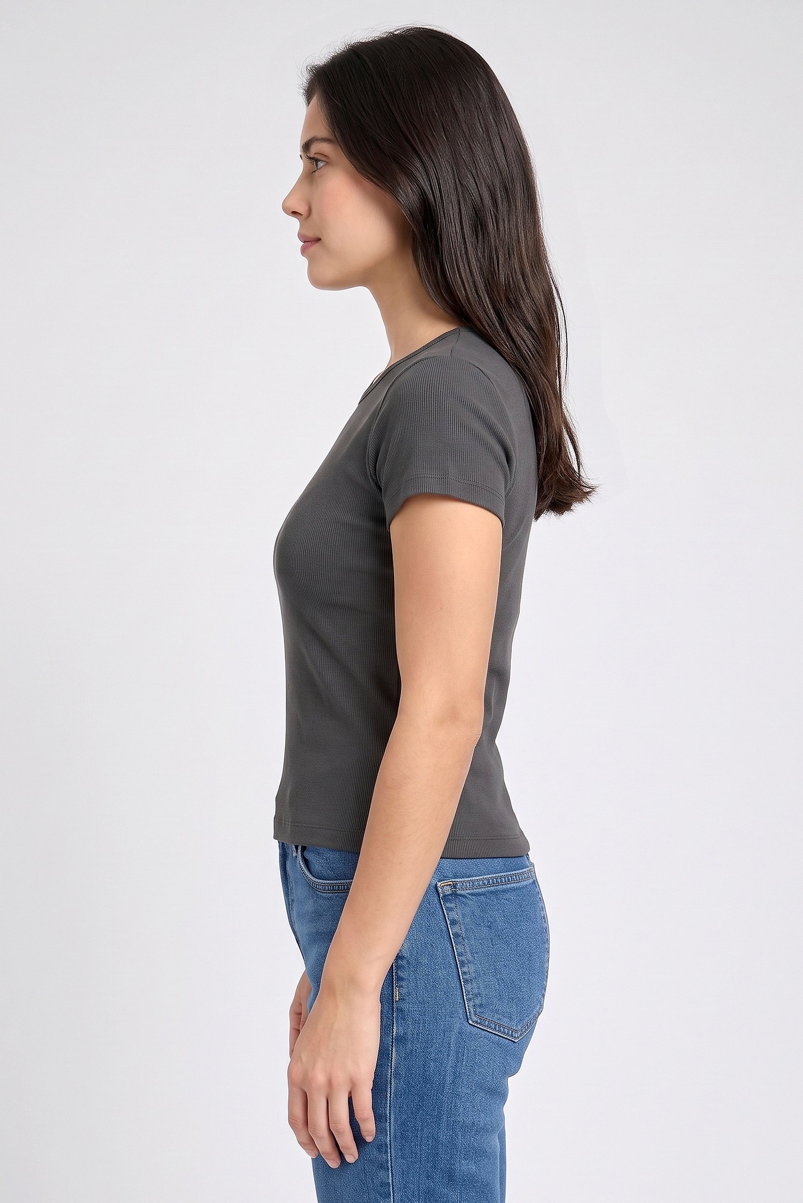 Women Crew Neck Short Sleeve Textured Crop Top, Dark Grey
