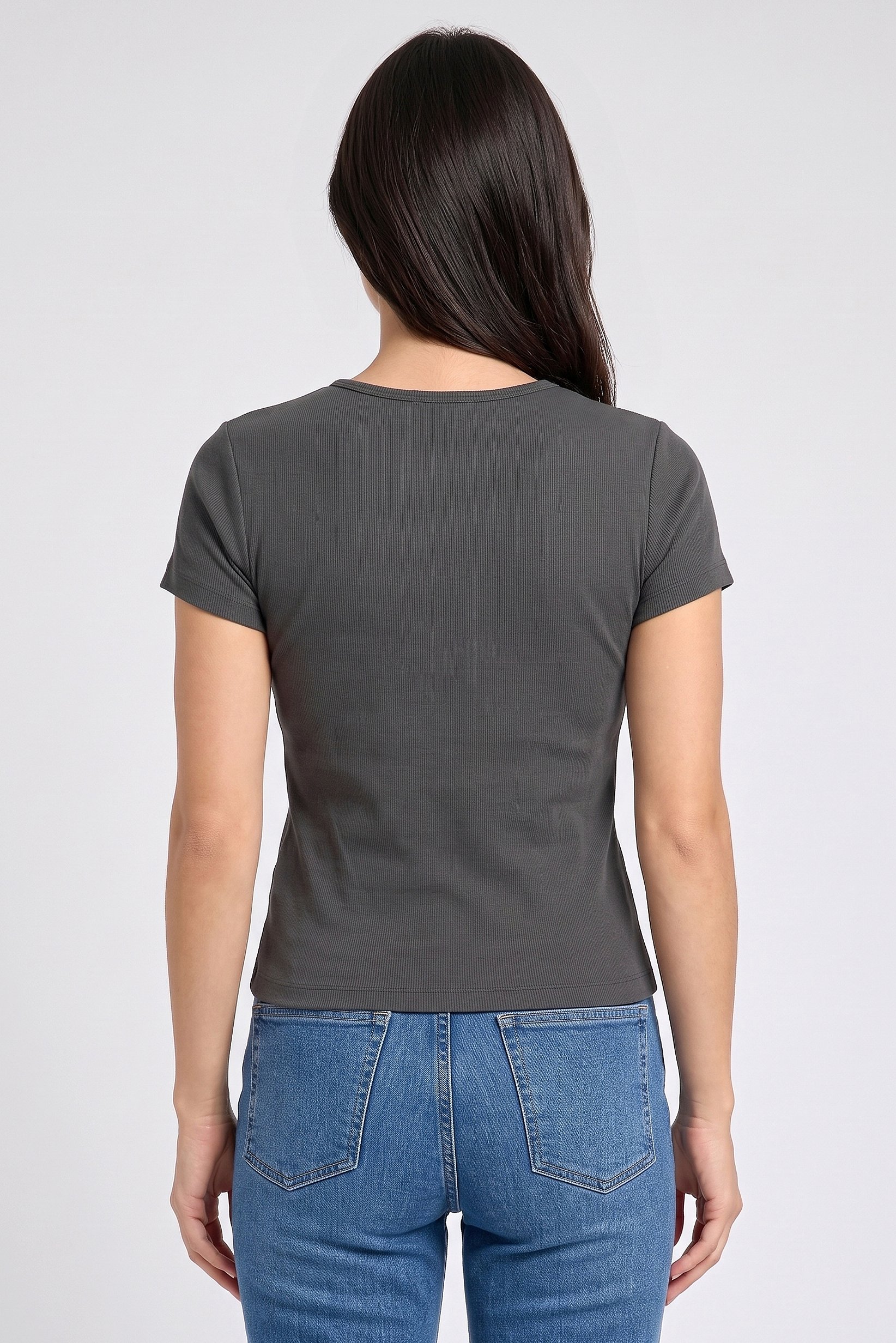 Women Crew Neck Short Sleeve Textured Crop Top, Dark Grey