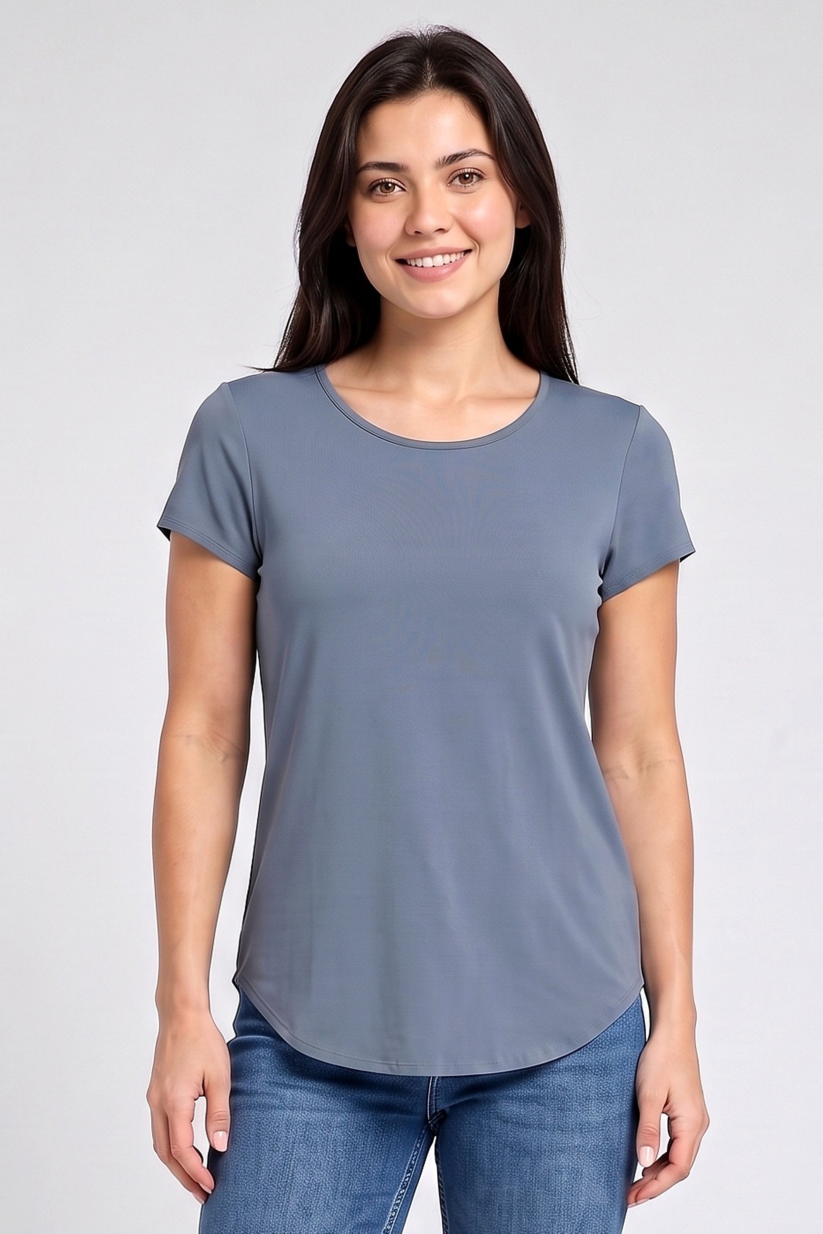 Women Scoop Neck Short Sleeve Plain T-Shirt, Slate Blue