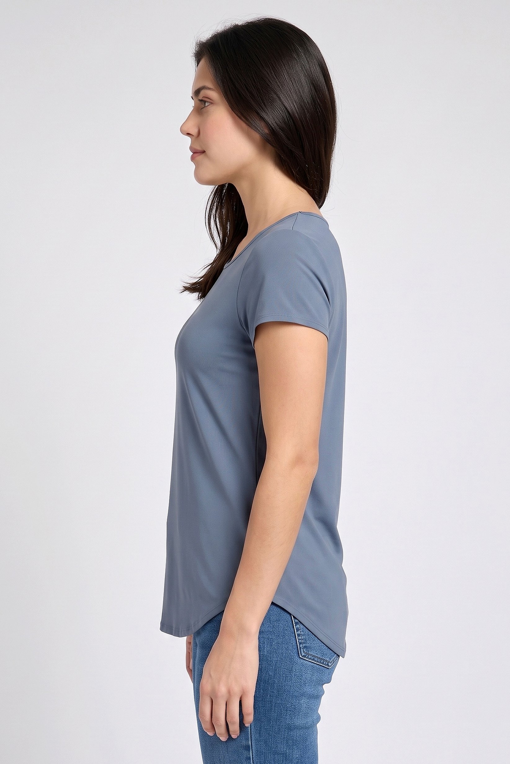 Women Scoop Neck Short Sleeve Plain T-Shirt, Slate Blue