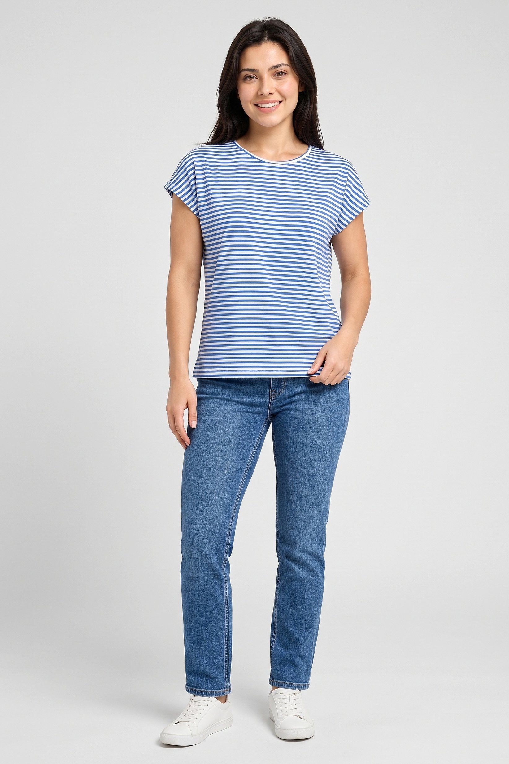 Women Round Neck Cap Sleeve Stripe T-Shirt, Multicolor
