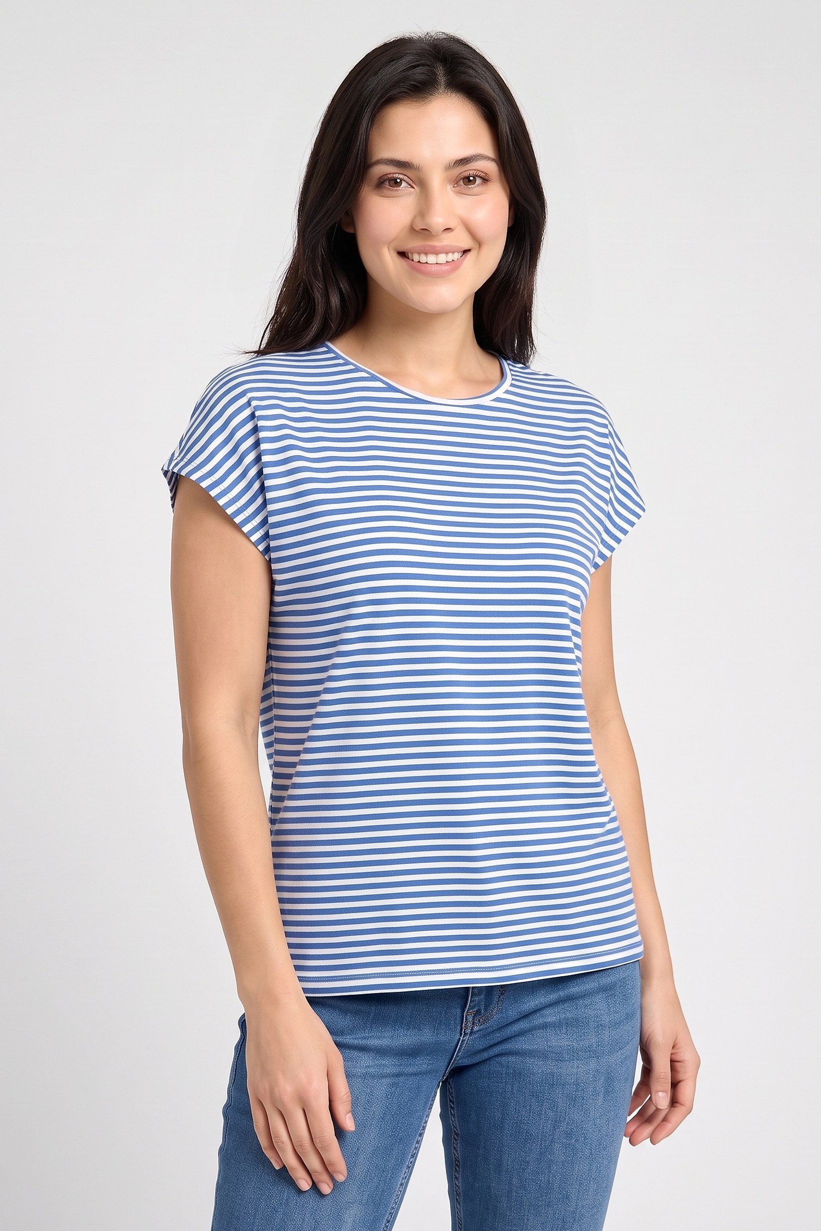Women Round Neck Cap Sleeve Stripe T-Shirt, Multicolor