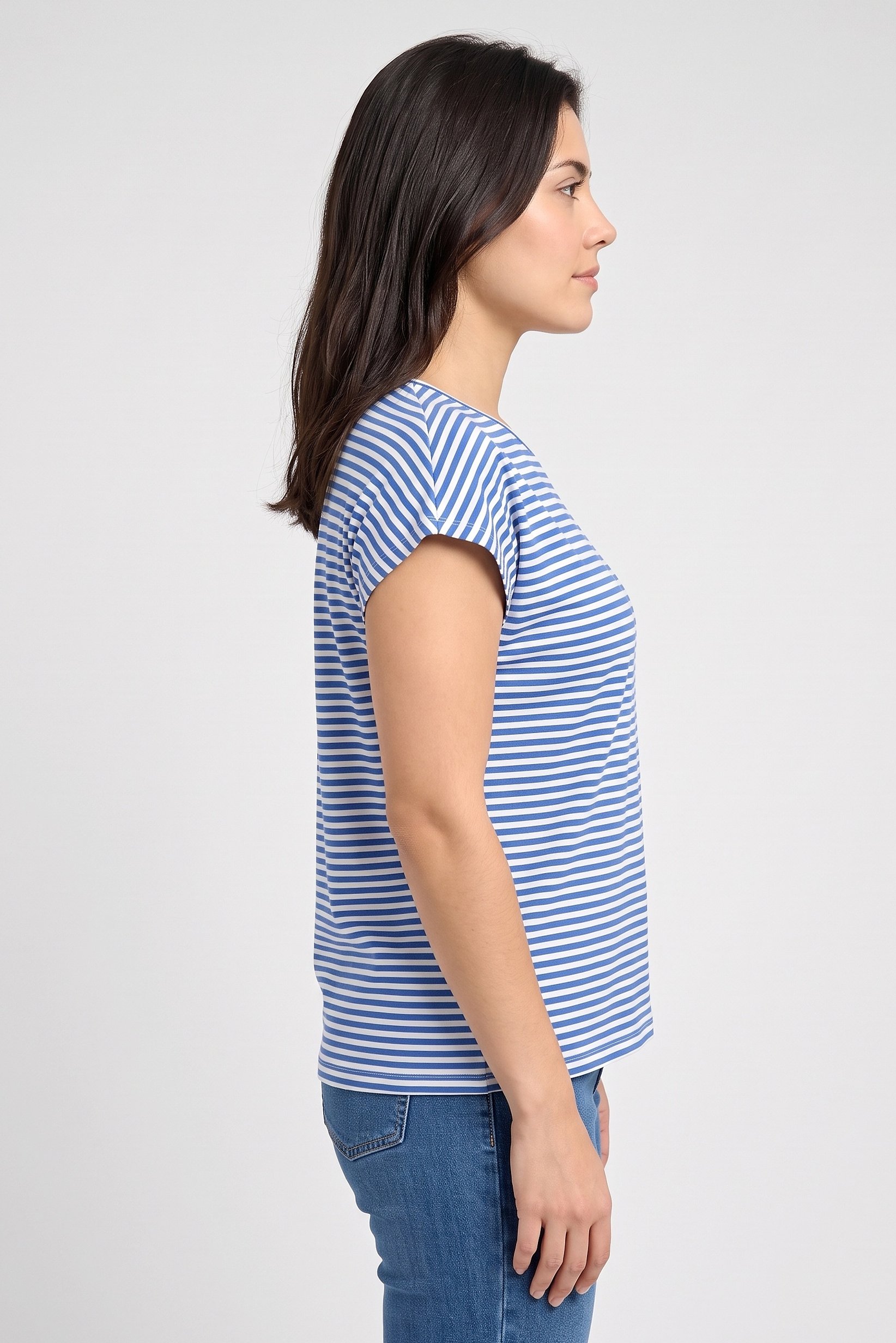 Women Round Neck Cap Sleeve Stripe T-Shirt, Multicolor