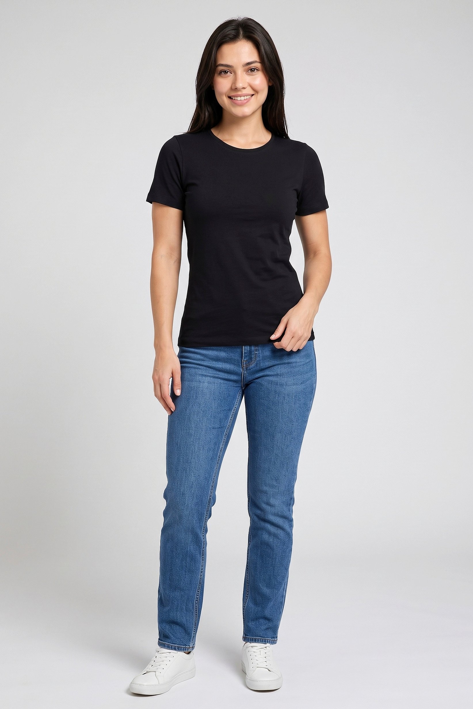 Women Crew Neck Short Sleeve Plain T-Shirt, Black