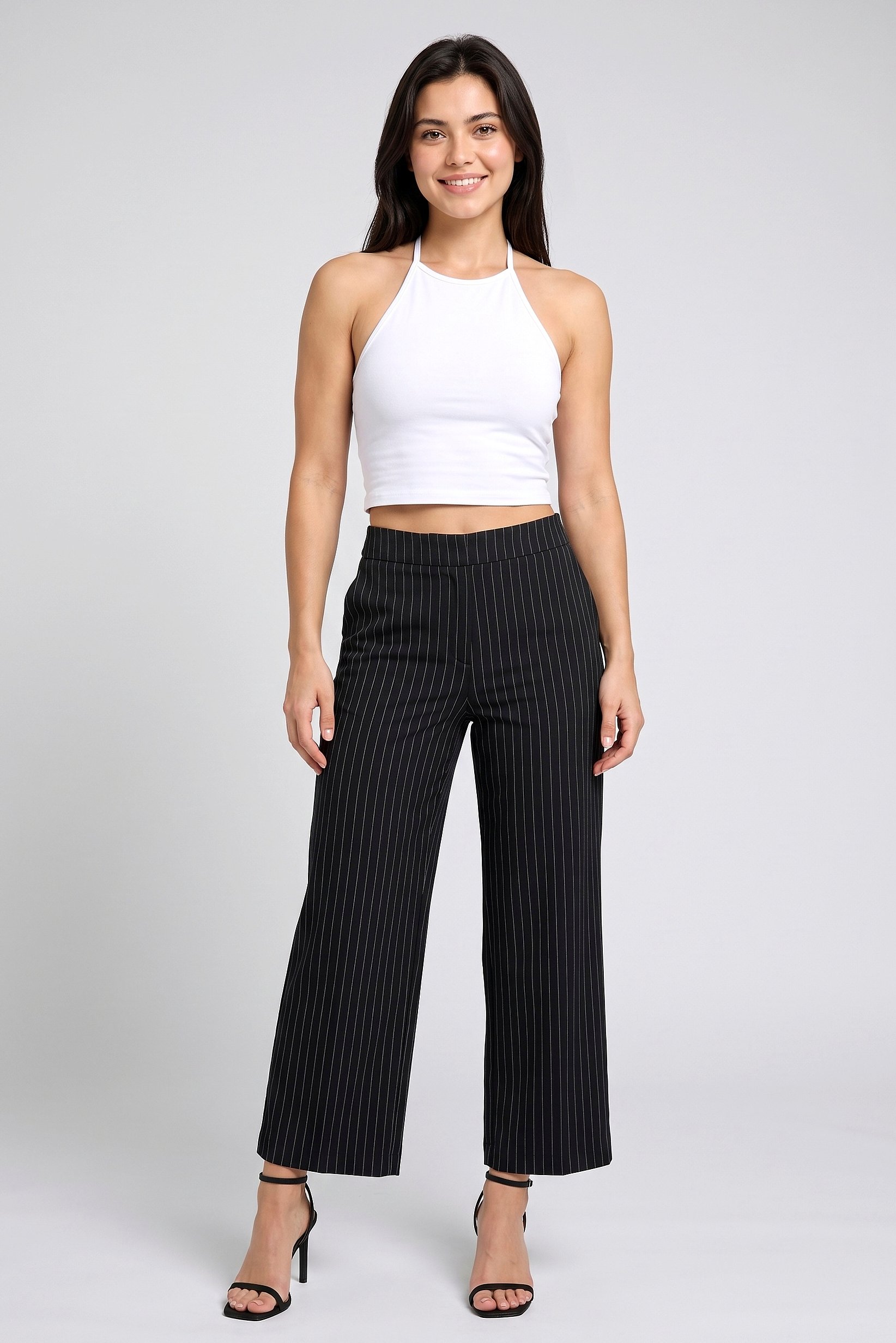 Women Regular Fit 30 Inseam Stripe Wide Leg Pants, Black