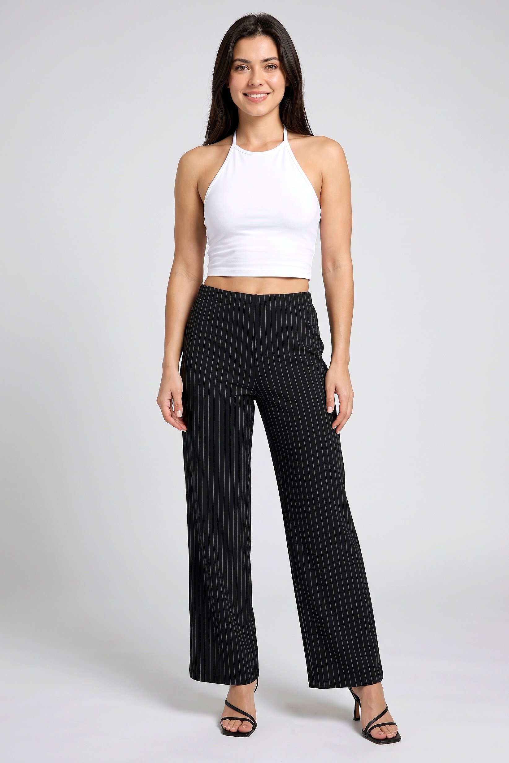 Women Regular Fit 34 Inseam Stripe Wide Leg Pants, Black