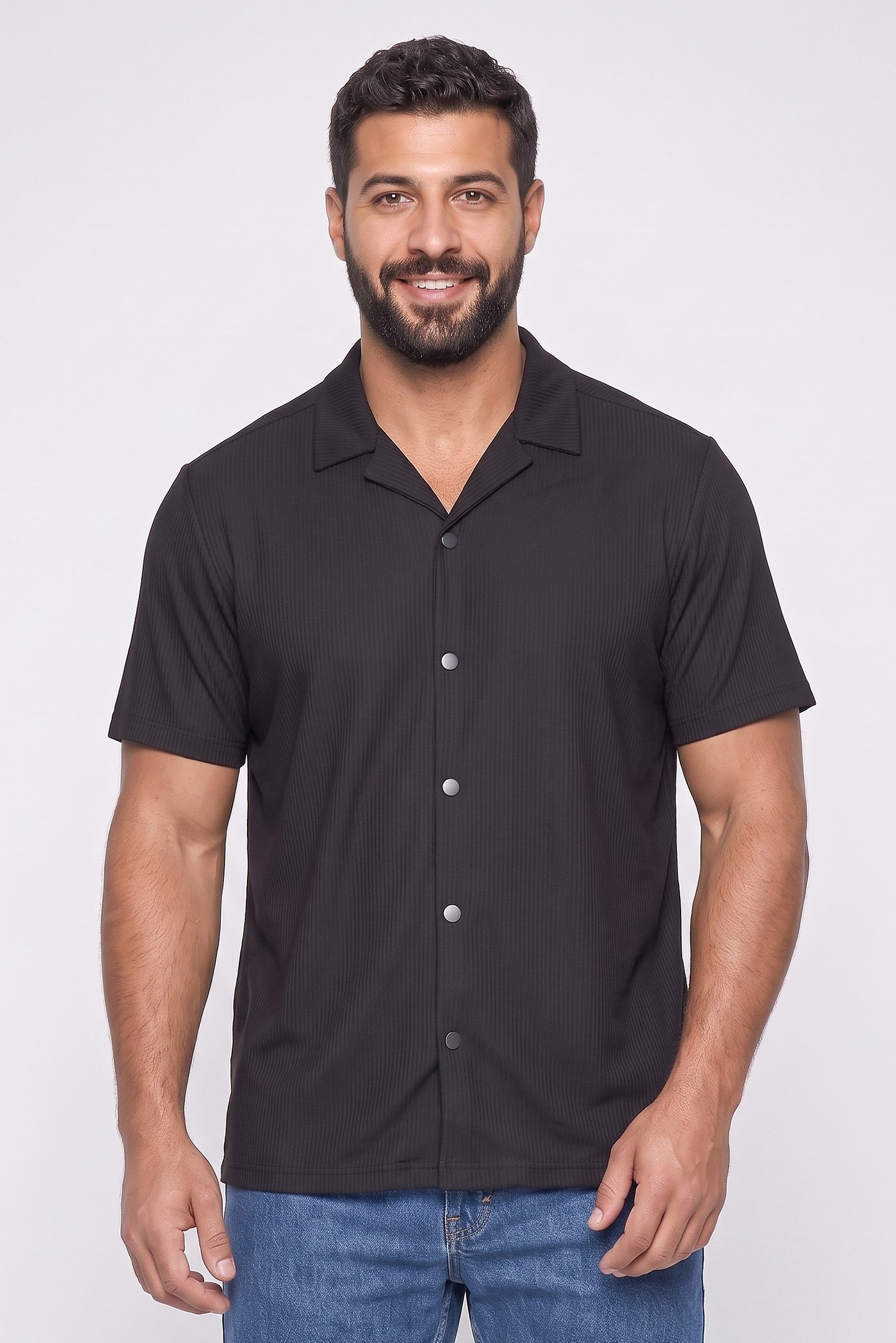 Men Regular Fit Short Sleeve Textured Casual Shirt, Black