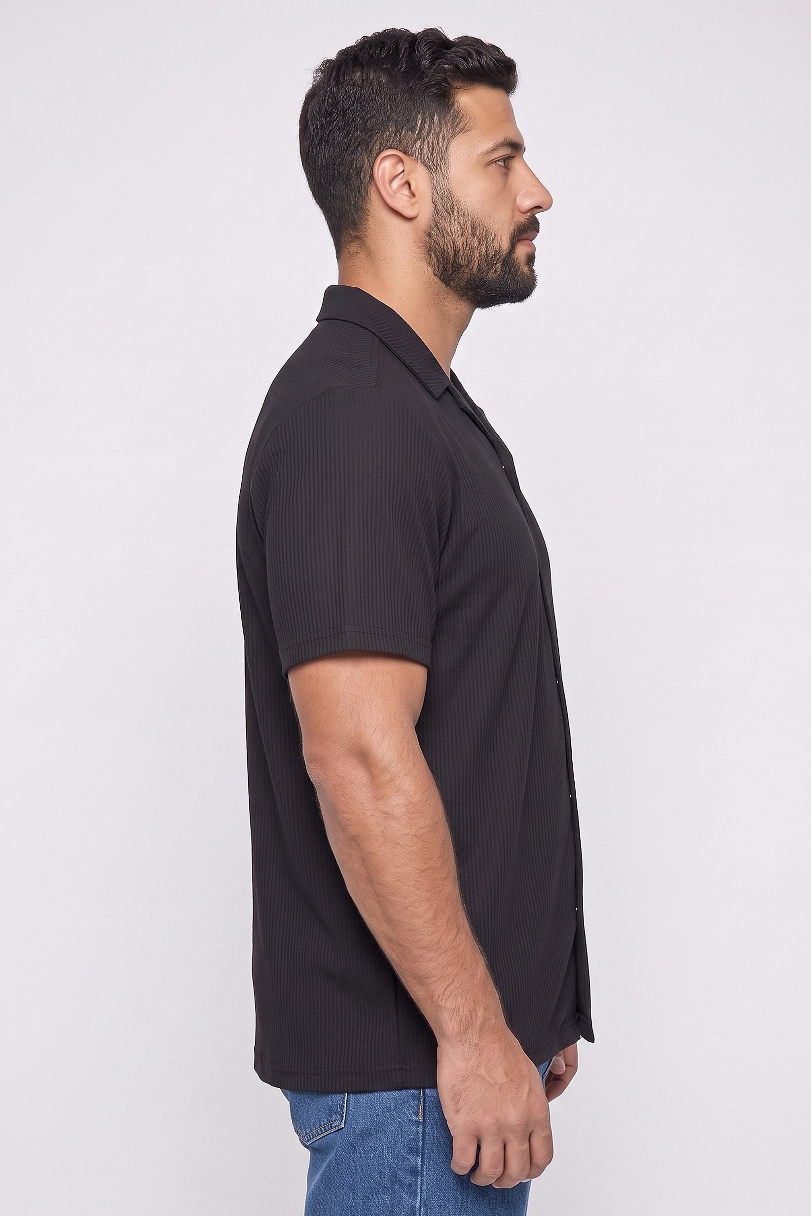 Men Regular Fit Short Sleeve Textured Casual Shirt, Black