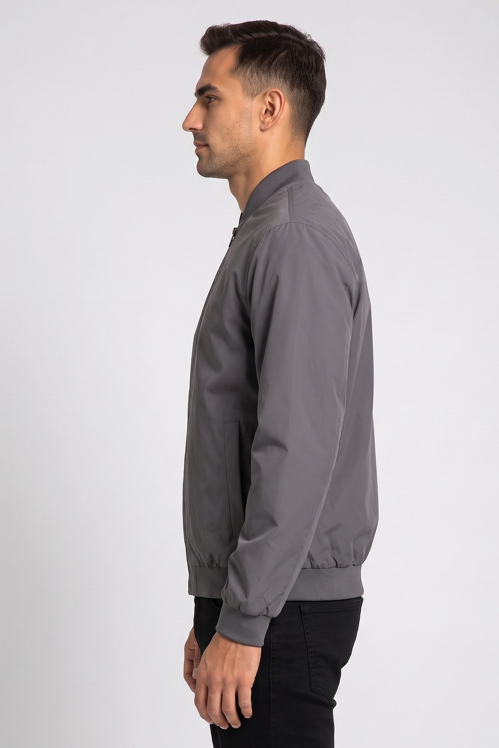 Men Solid Bomber Jacket, Grey
