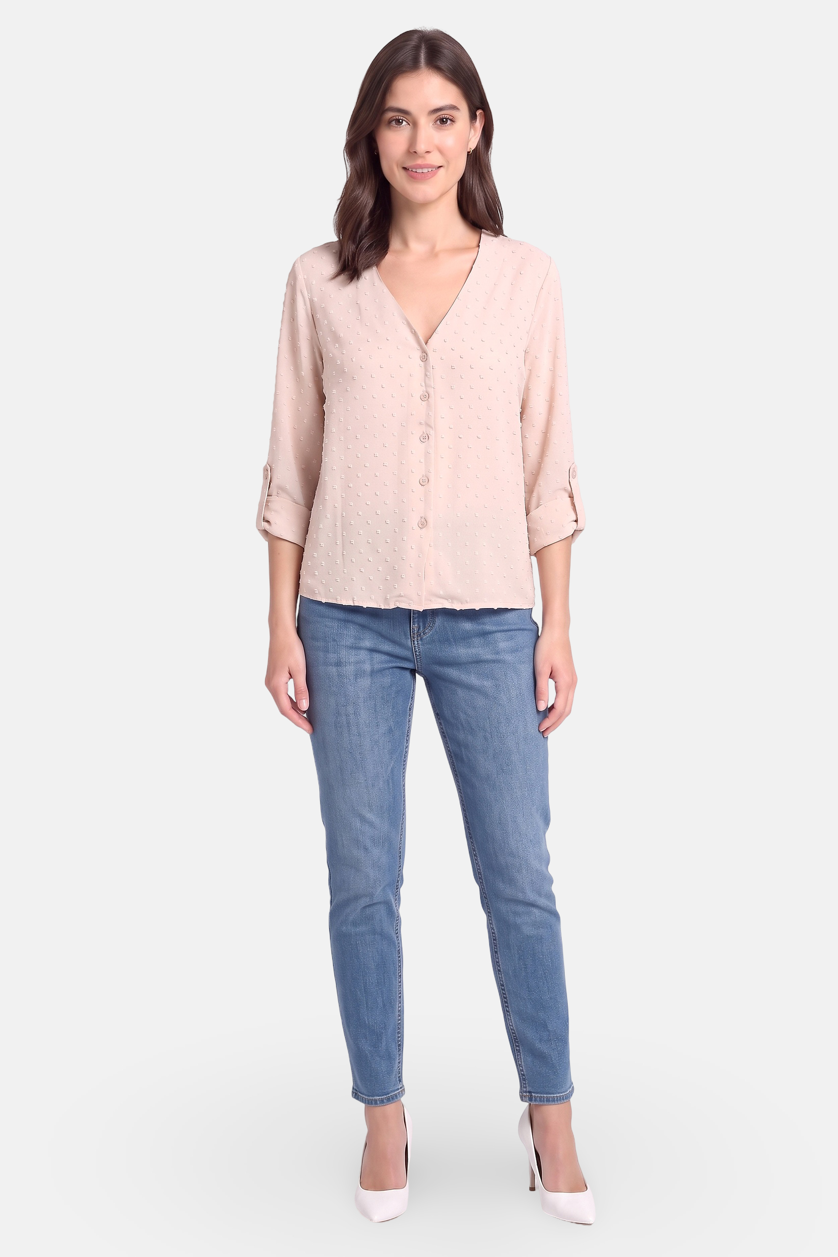 Women V Neck Long Sleeve Textured Blouse, Beige