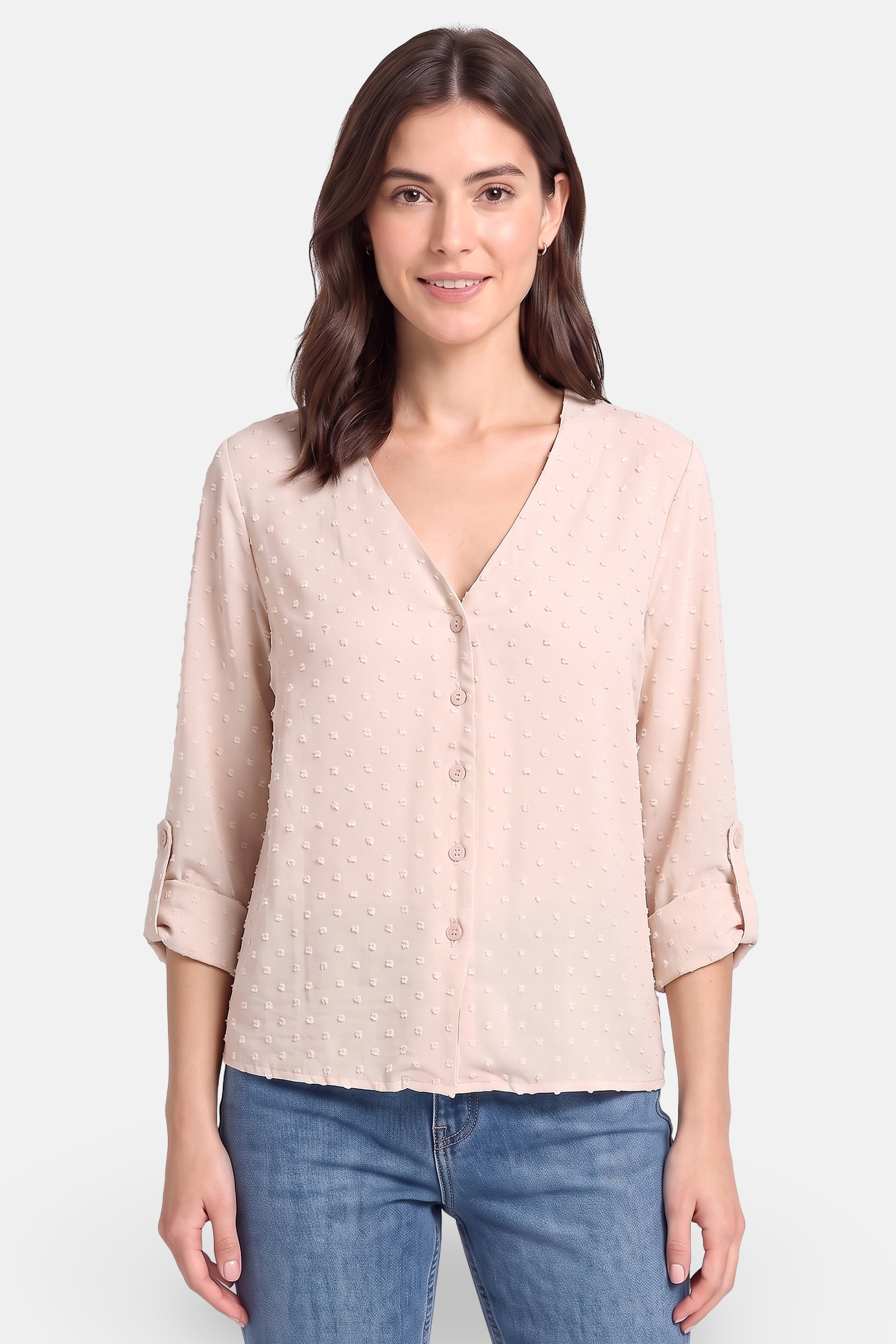 Women V Neck Long Sleeve Textured Blouse, Beige