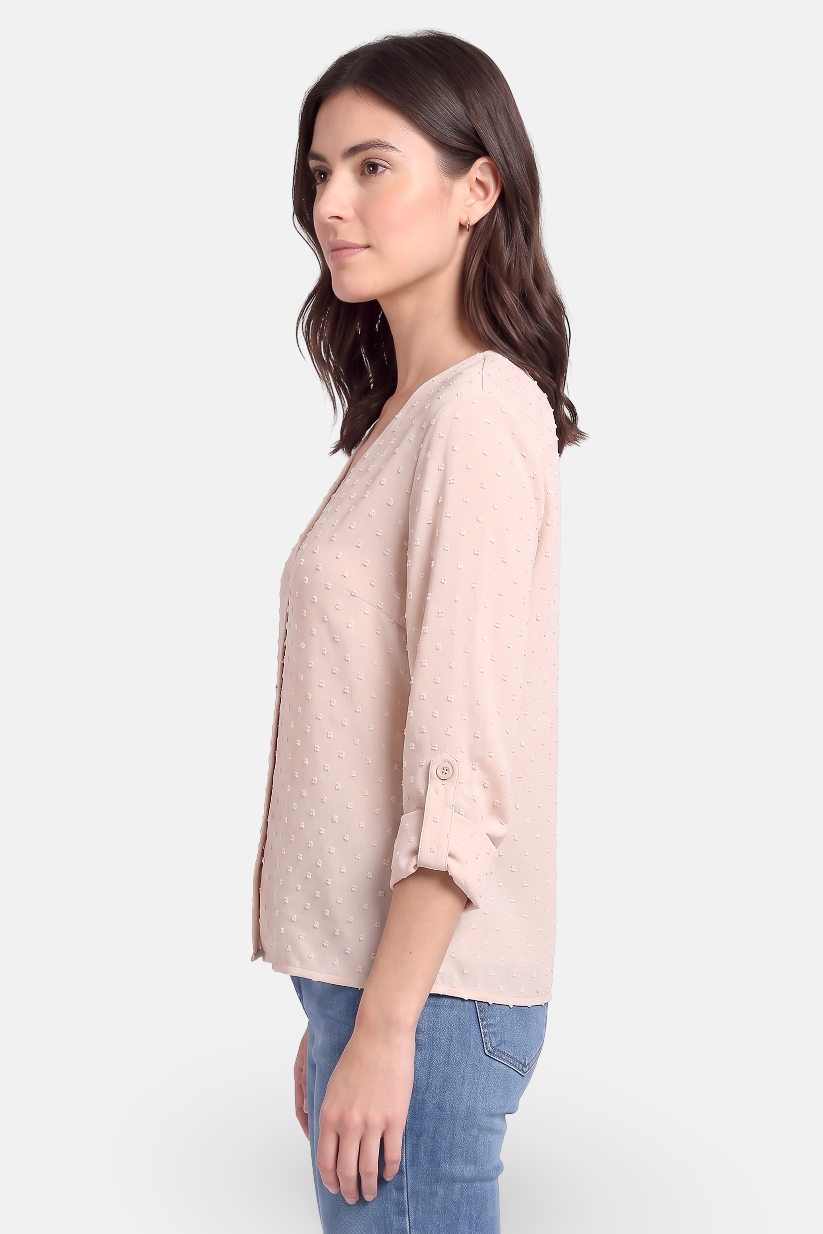 Women V Neck Long Sleeve Textured Blouse, Beige