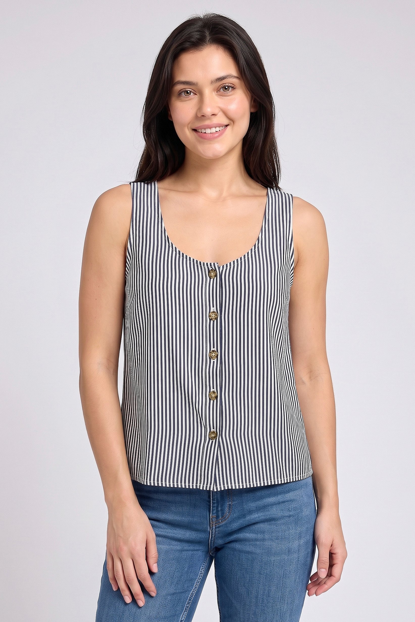 Women Crew Neck Sleeveless Stripe Tank Top, Multicolor