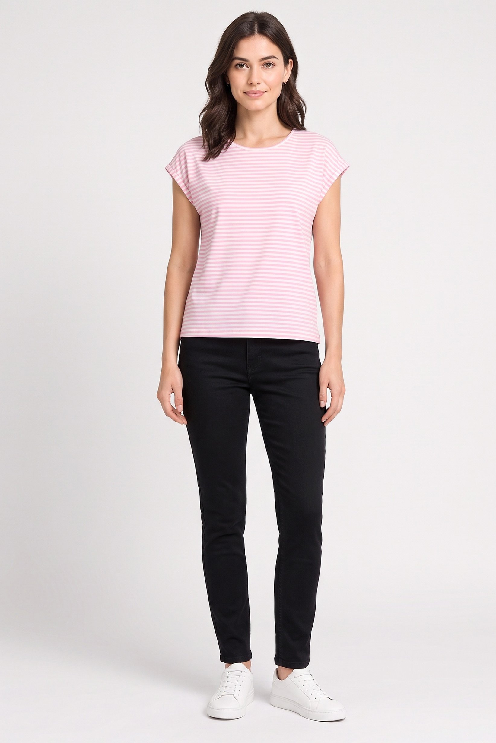 Women Round Neck Cap Sleeve Stripe T-Shirt, Multicolor