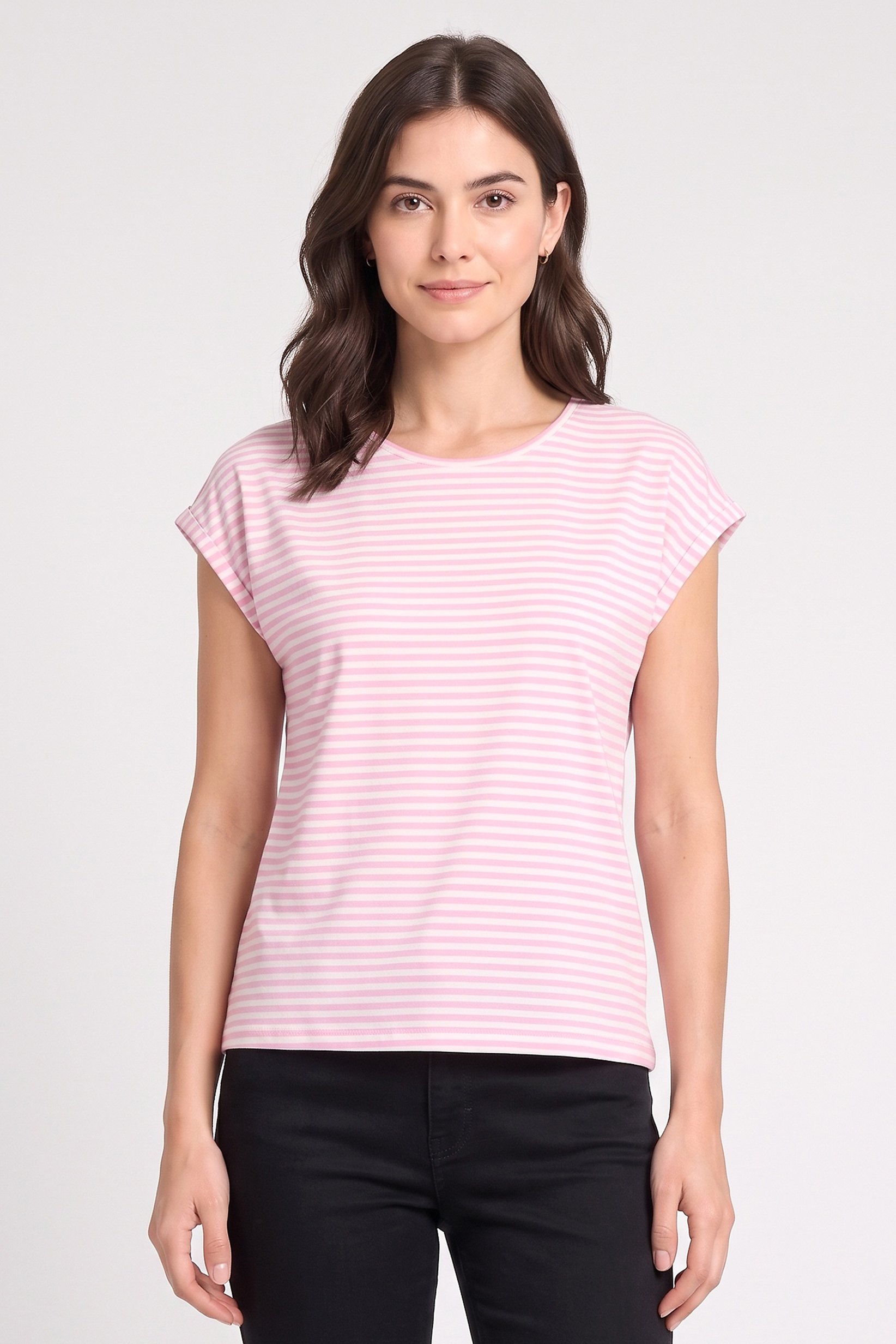 Women Round Neck Cap Sleeve Stripe T-Shirt, Multicolor