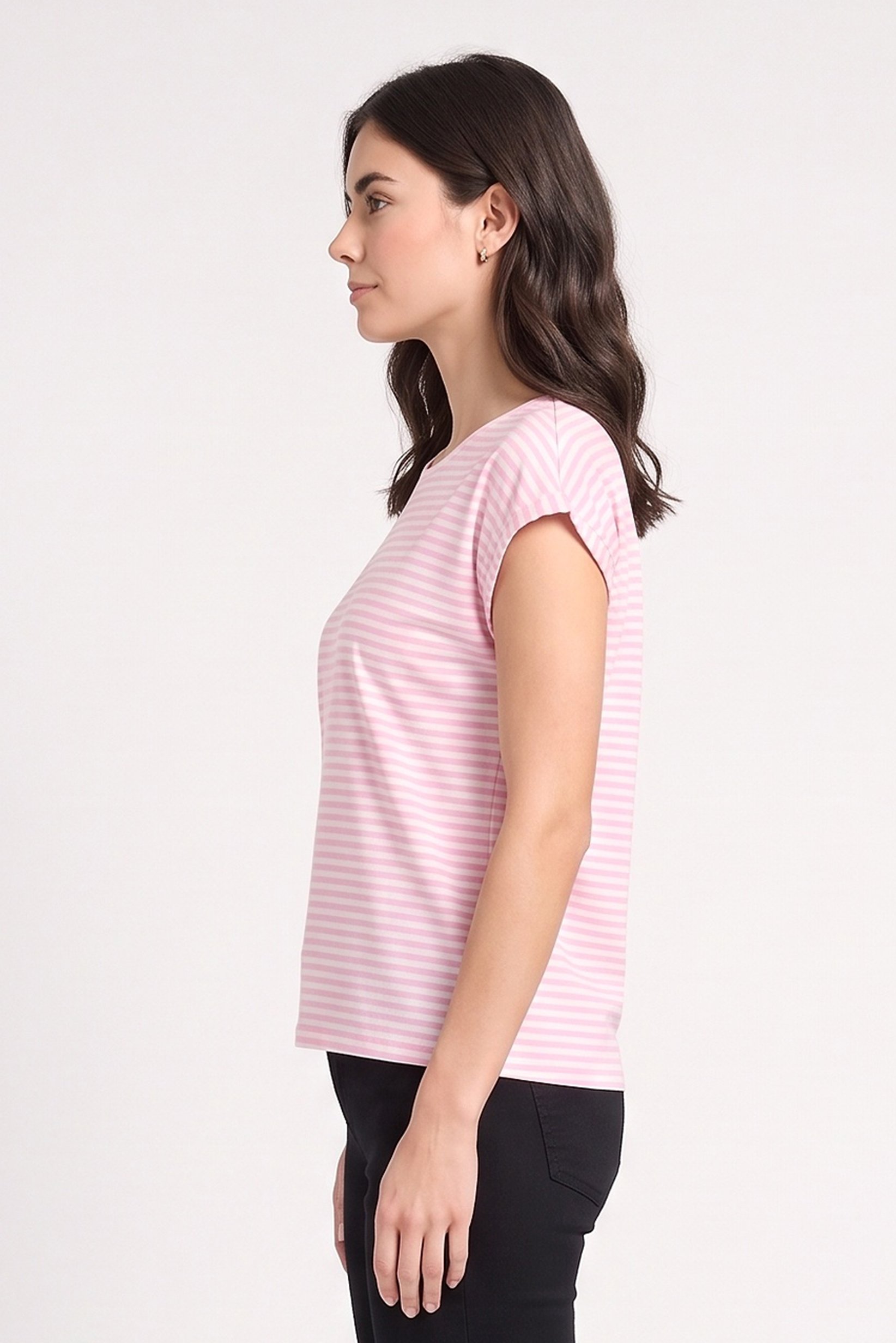 Women Round Neck Cap Sleeve Stripe T-Shirt, Multicolor