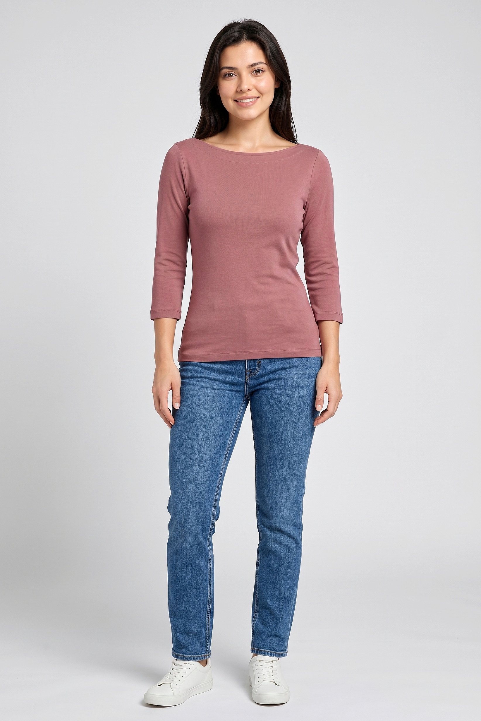 Women Boat Neck Long Sleeve Plain Top, Mauve