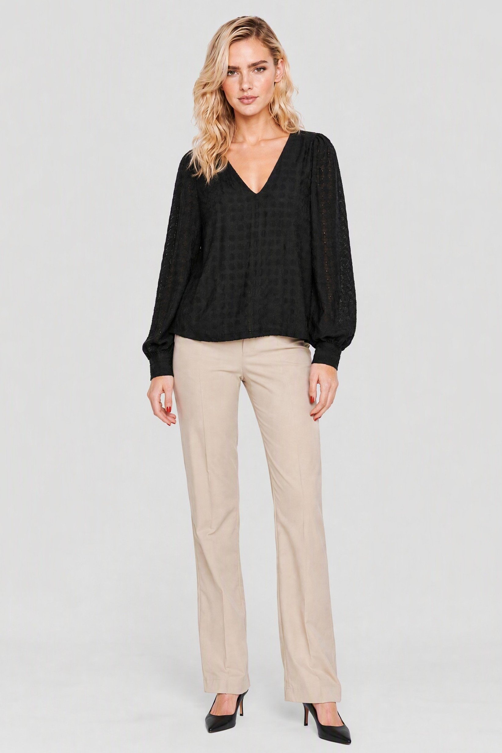 Women V Neck Long Sleeve Textured Blouse, Black